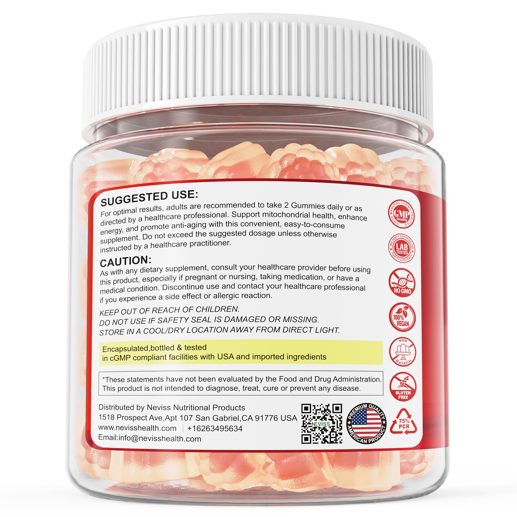 NEVISS Gommes Urolithine A, formulation vegan sans sucre visible sur l’étiquette.