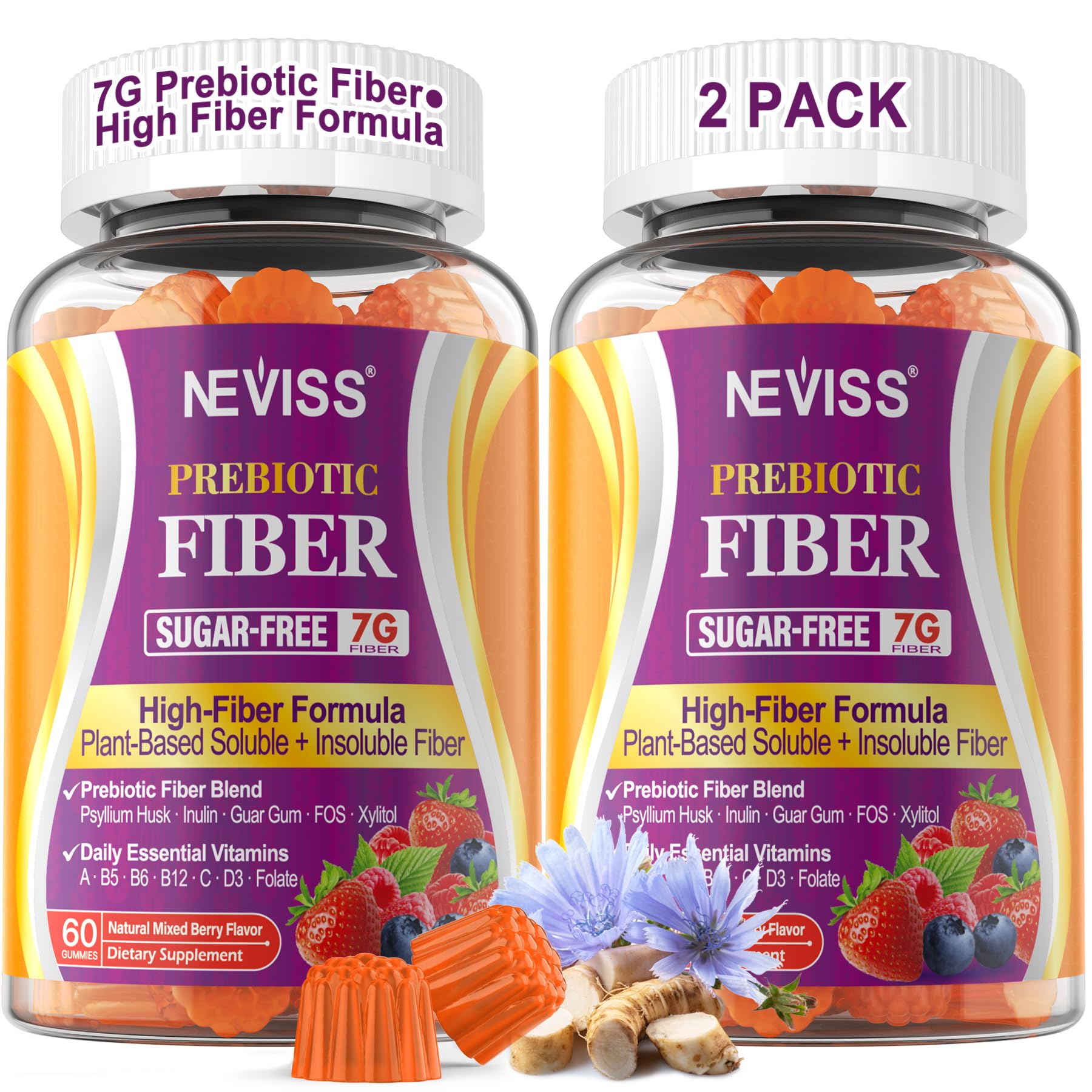 NEVISS Gummies fibres adultes — bouteille visible, soutien digestif quotidien.