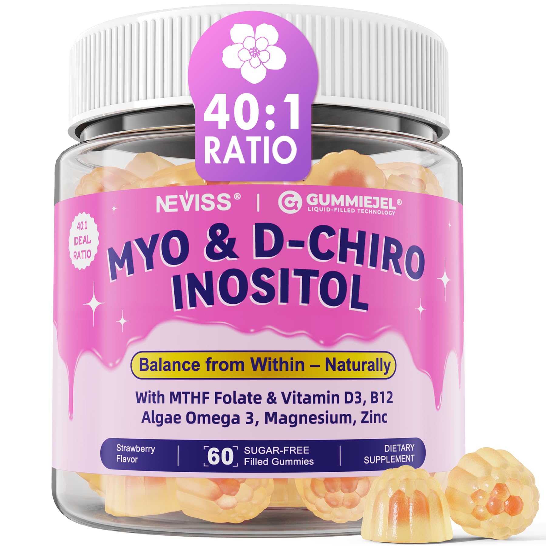 Gummies Neviss Myo-Inositol sur bouteille – soutien potentiel à l équilibre hormonal.