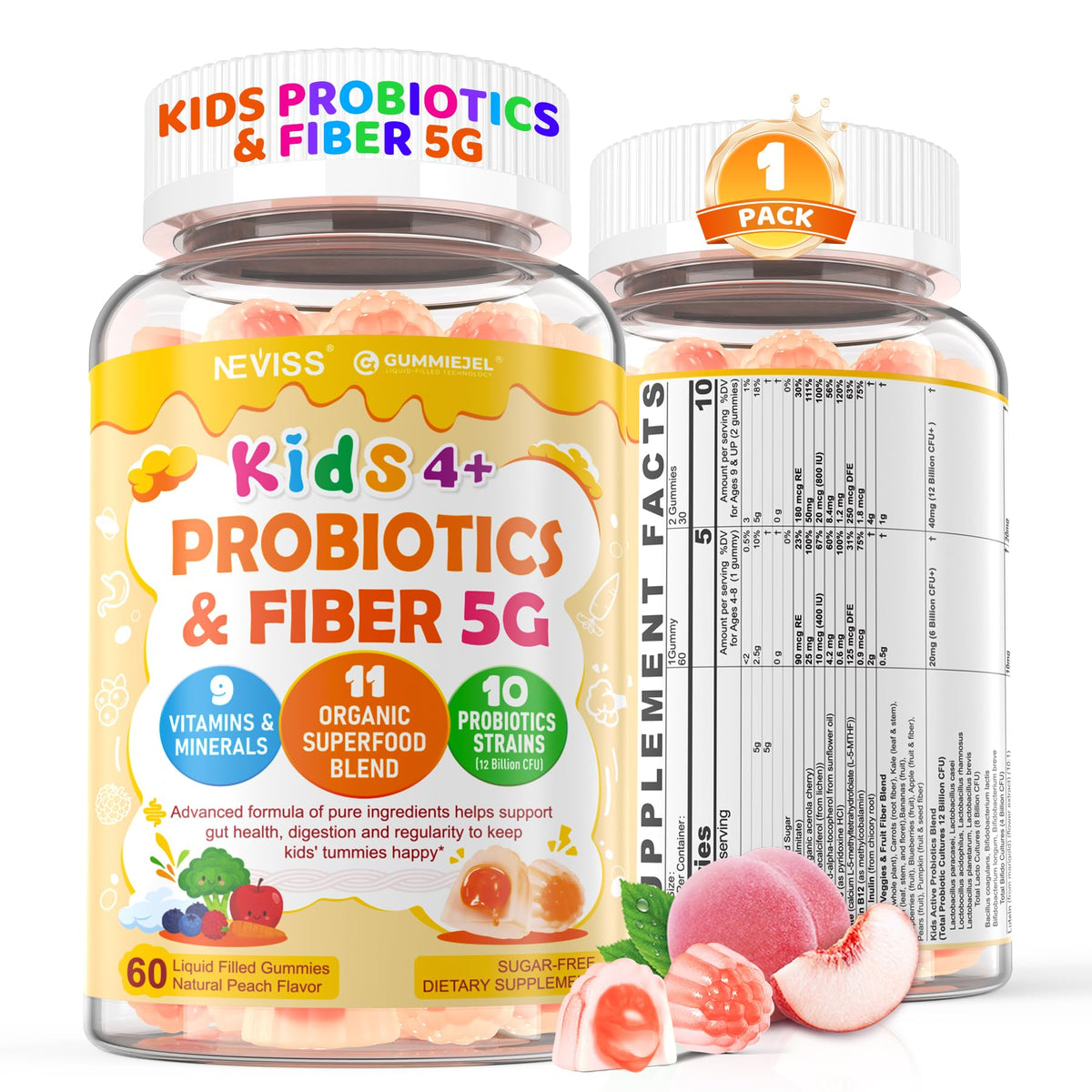 NEVISS Kids Probiotiques et Fibres – gommes en bouteille soutiennent digestion et énergie quotidienne