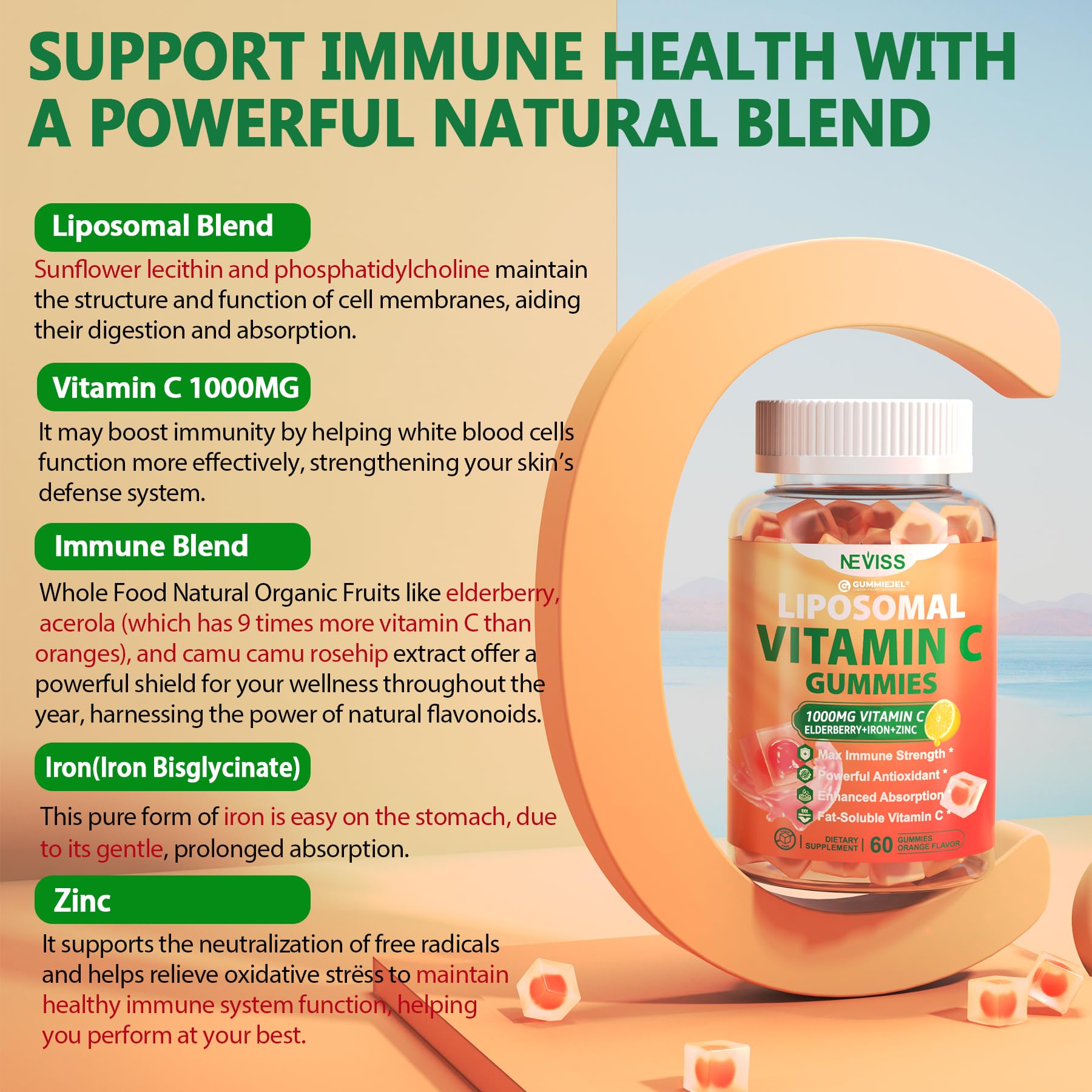NEVISS vitamine C liposomale 1000mg: étiquette lisible et composition naturelle.