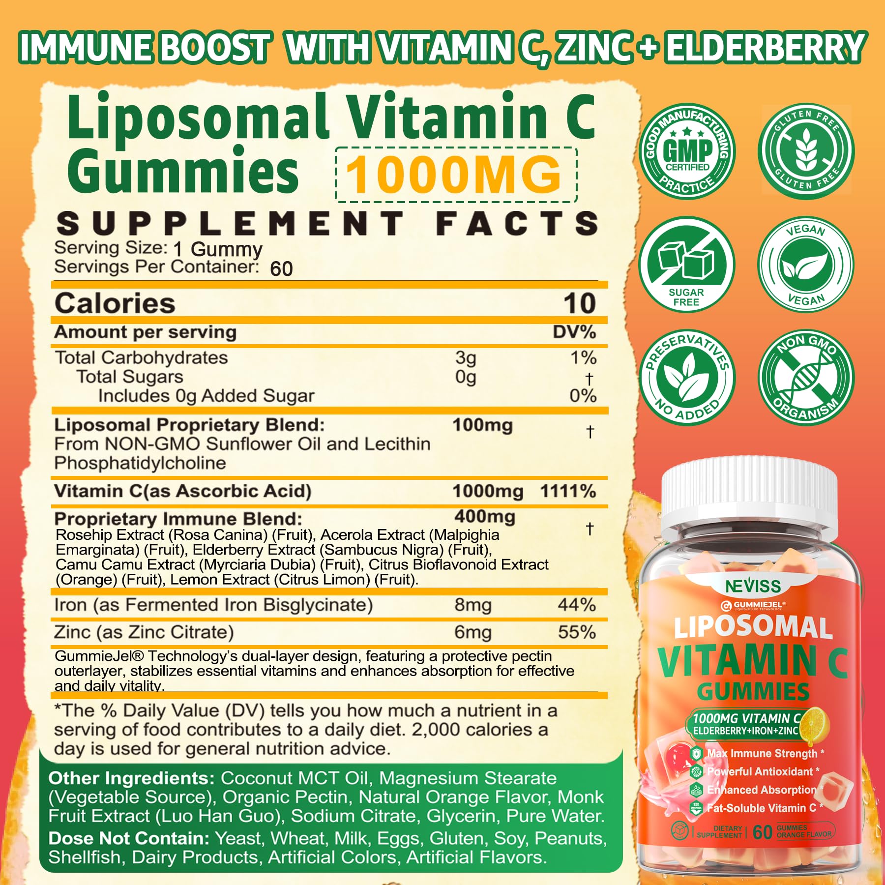 Gomme NEVISS vitamine C liposomale orange: texture fruitée et goût agréable.