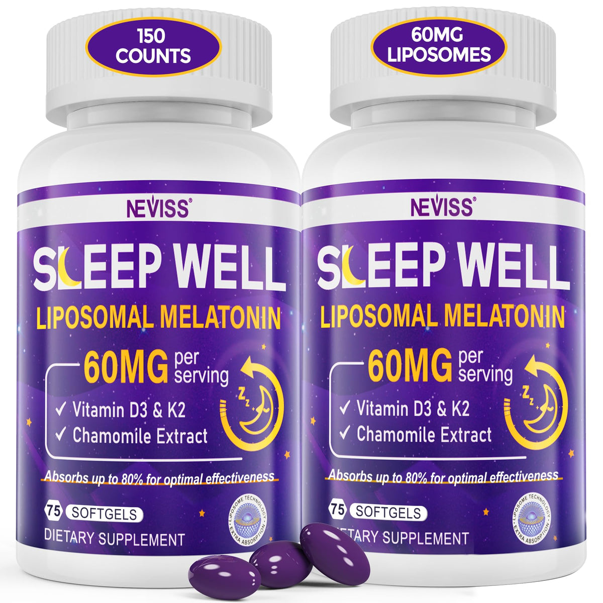 NEVISS Mélatonine 60mg — Bouteille pour un repos potentiel et régulation du sommeil.