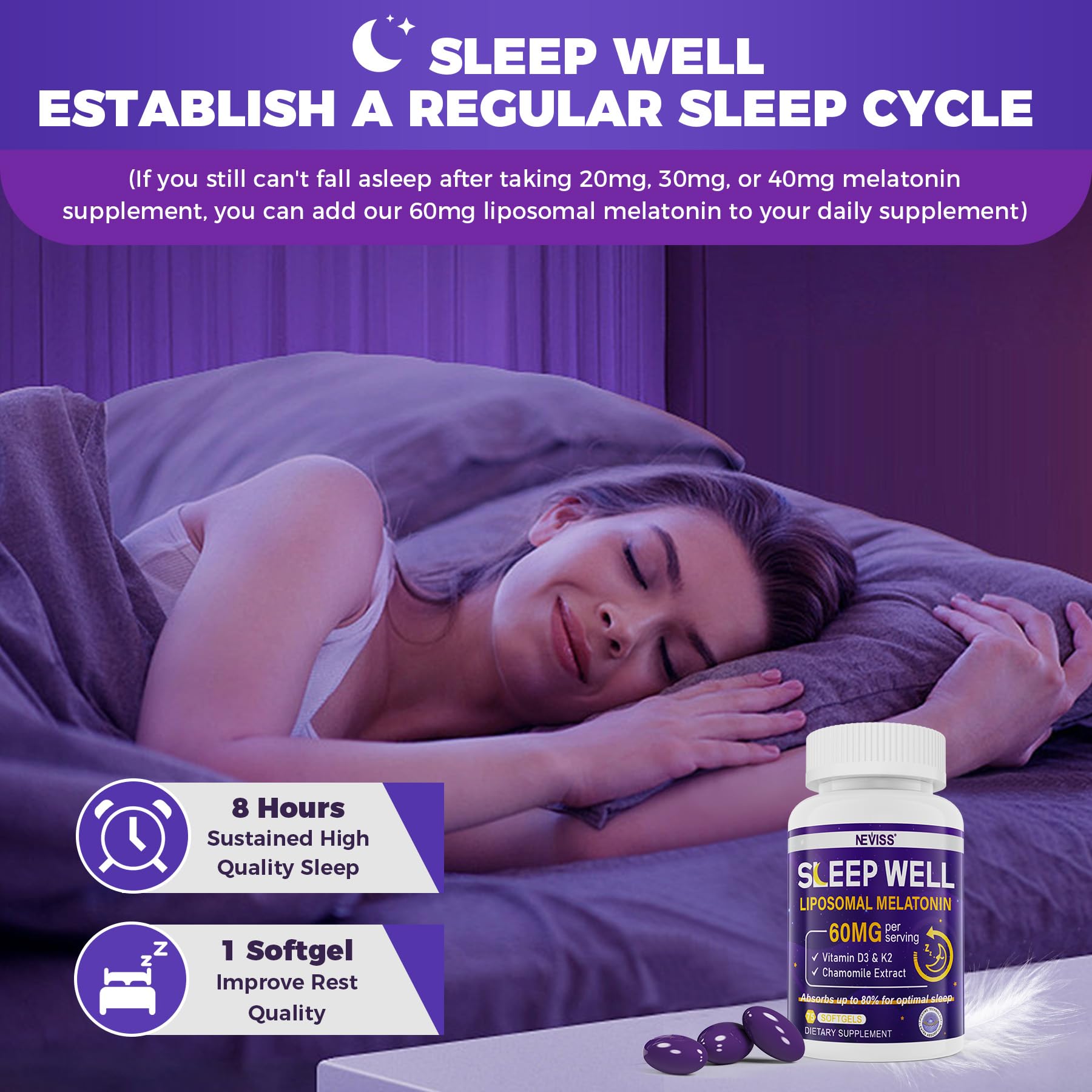 NEVISS Mélatonine 60mg — Camomille apaisante favorisant la détente avant le coucher.
