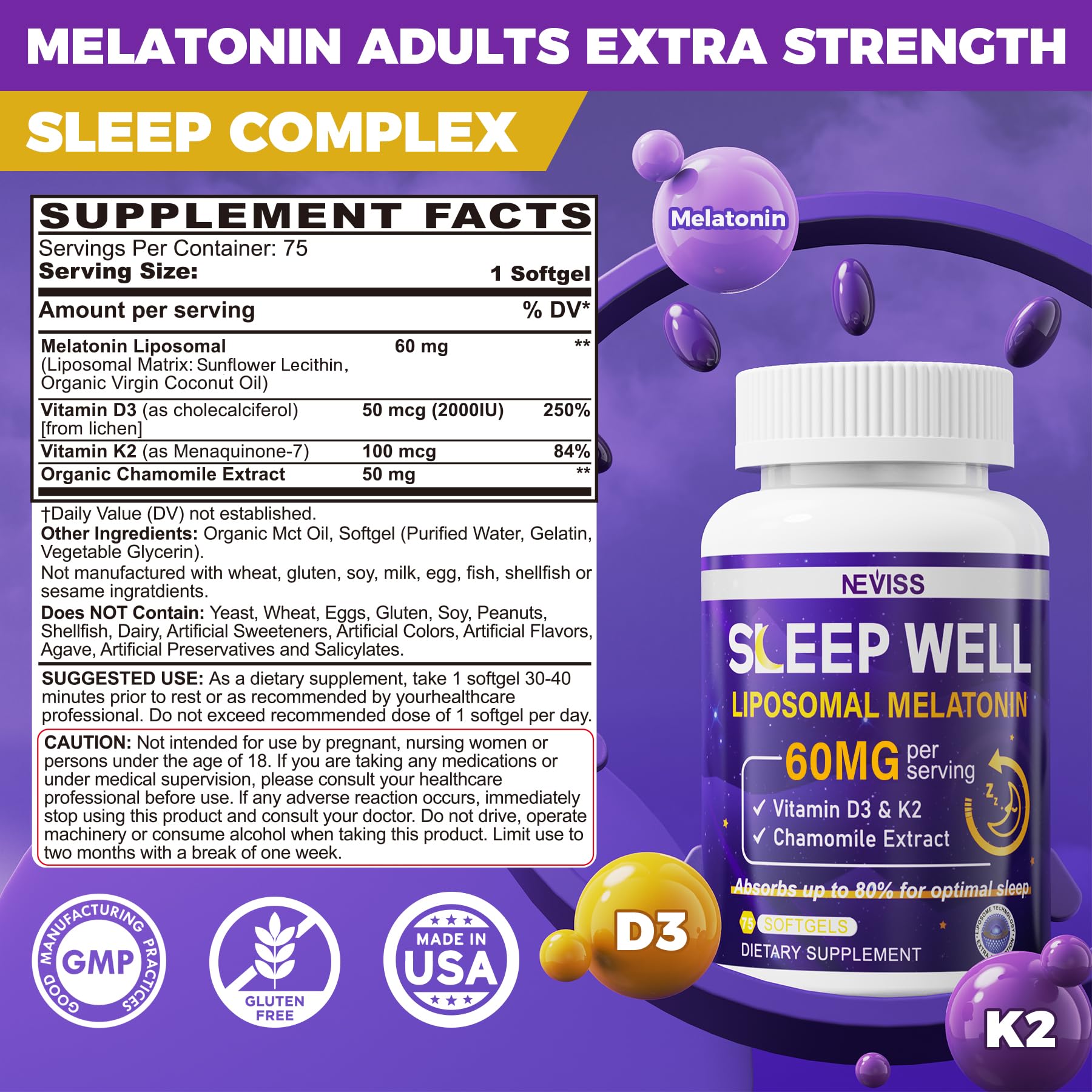NEVISS Mélatonine 60mg — Formulation liposomale améliorant l’absorption nocturne.