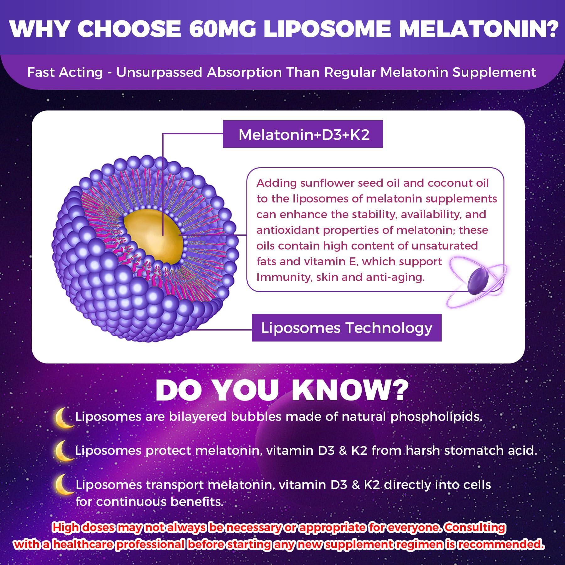 NEVISS Mélatonine 60mg — Vitamine D3 K2 soutient le système immunitaire potentiel.