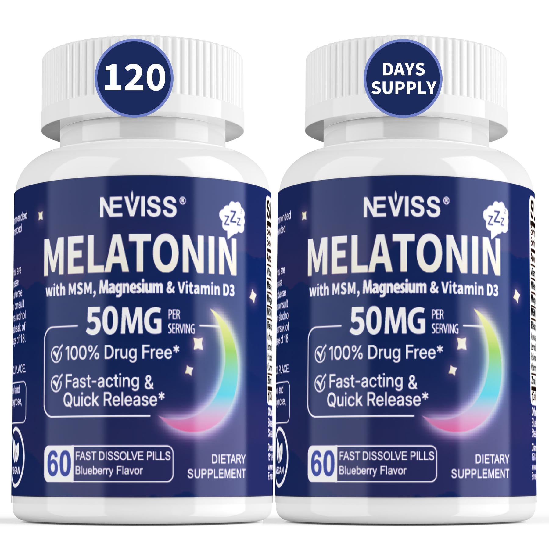 NEVISS Mélatonine 50 mg en bouteille pour une routine nocturne pratique.