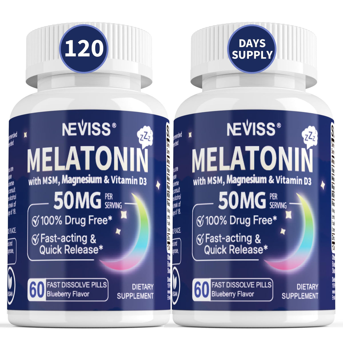 NEVISS Mélatonine 50 mg en bouteille pour une routine nocturne pratique.