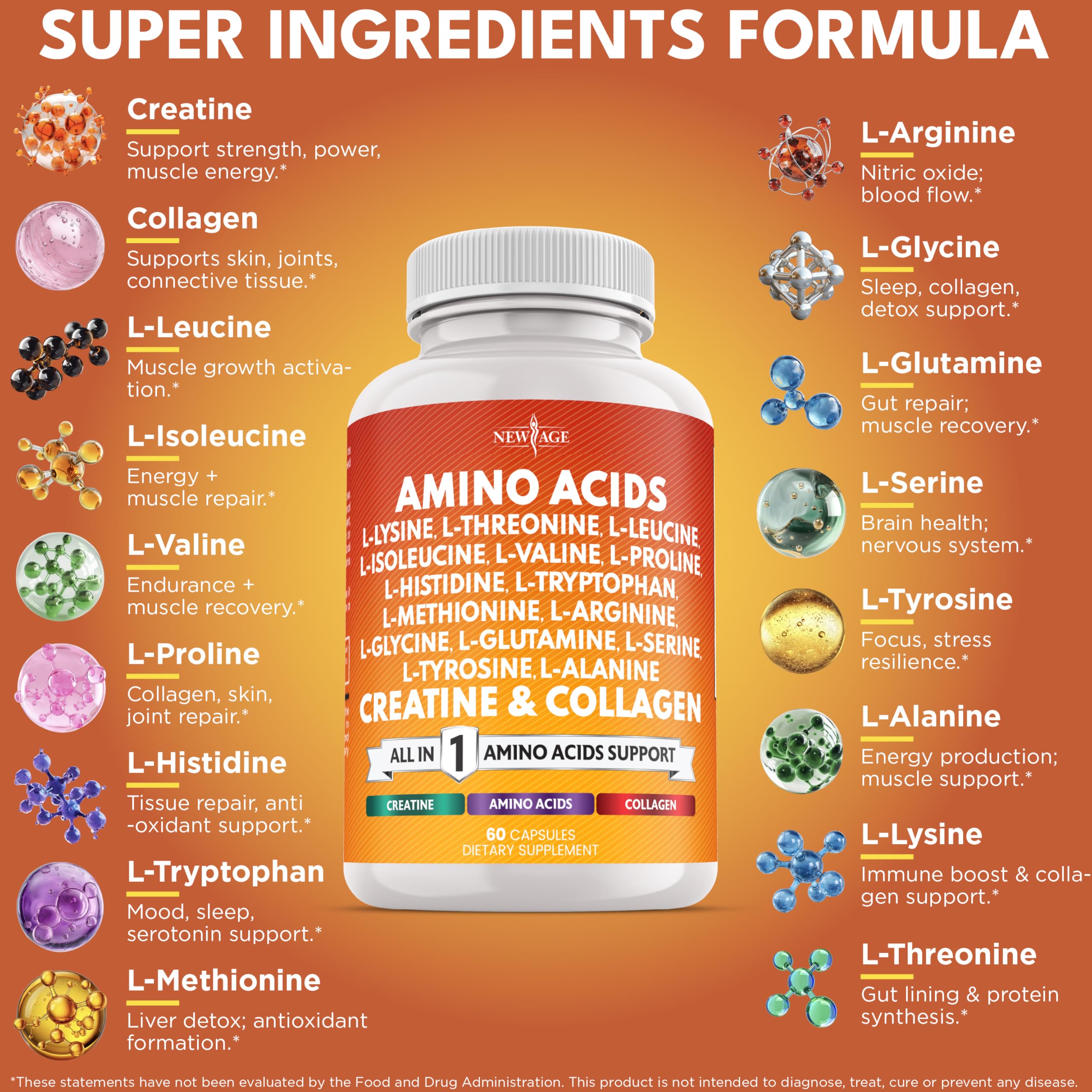NEW AGE acides aminés - capsules visibles, formulation végétarienne et sans gluten.