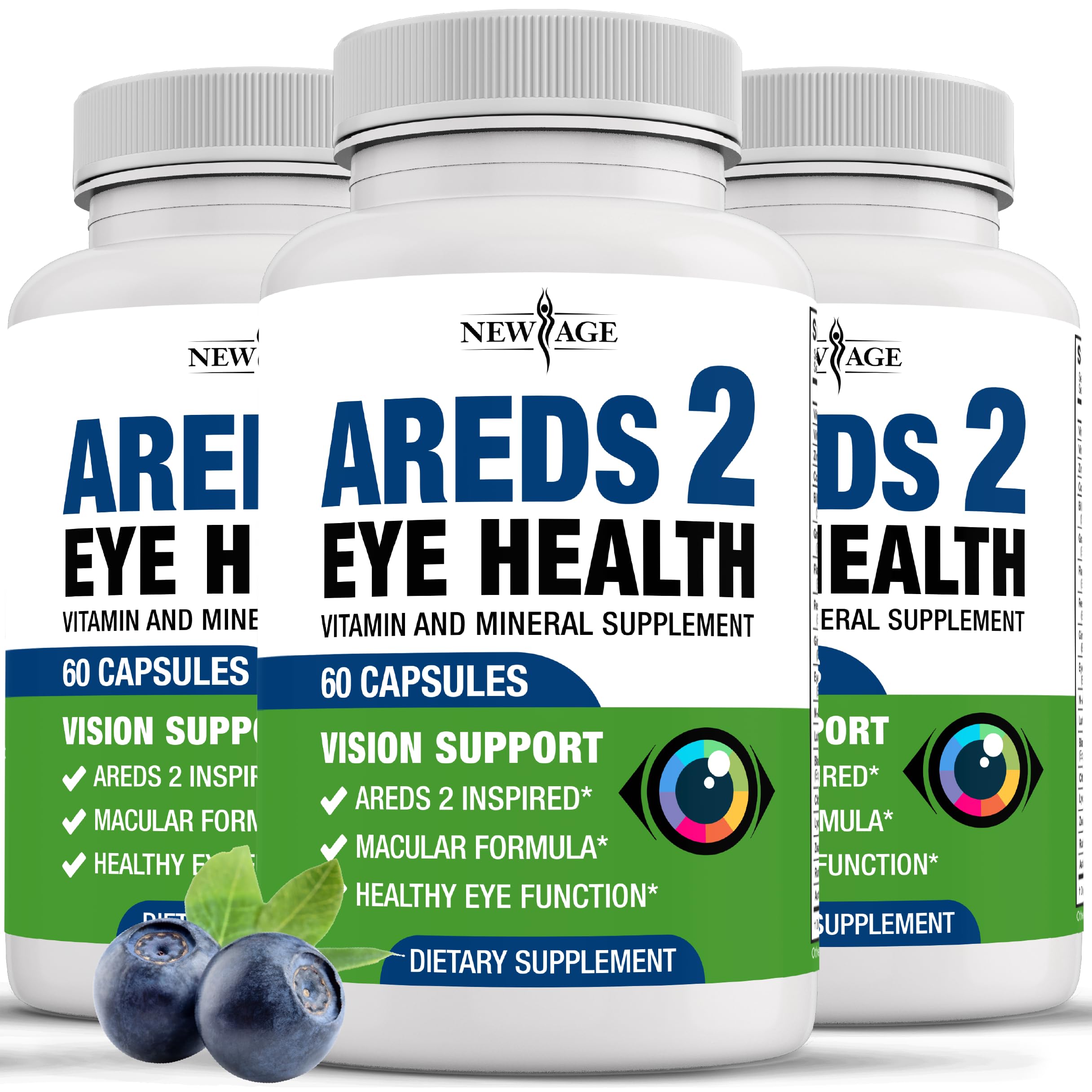 NEW AGE AREDS 2: bouteille visible avec étiquette, soutien potentiel à la vision au quotidien.