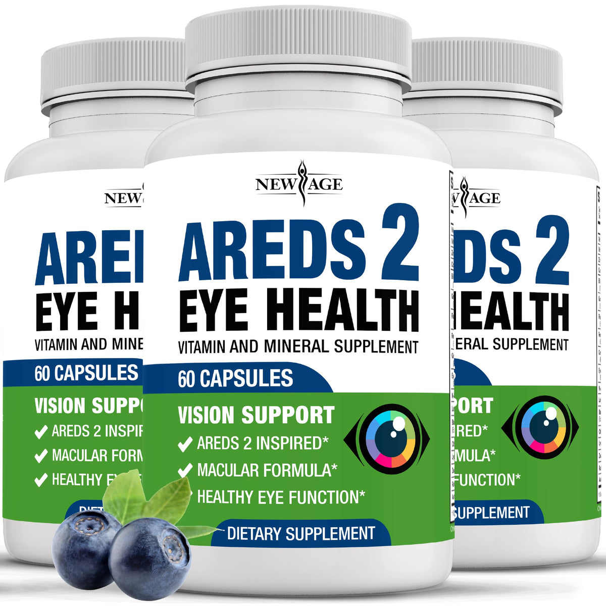NEW AGE AREDS 2: bouteille visible avec étiquette, soutien potentiel à la vision au quotidien.