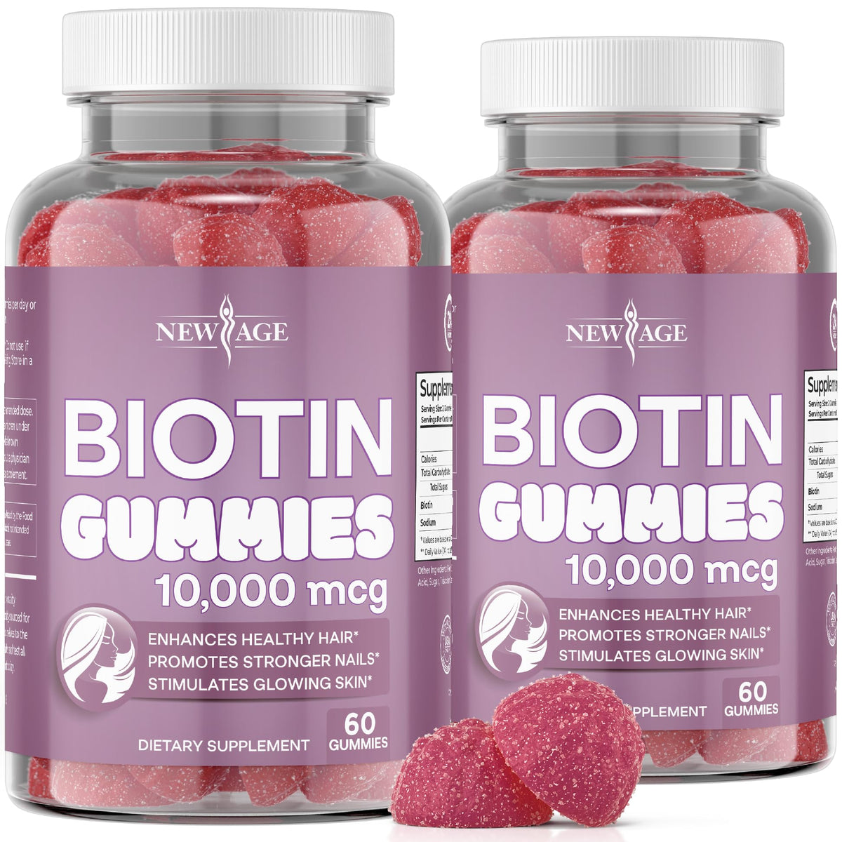 Gommes à la biotine NEW AGE, bouteille fruitée, routine capillaire quotidienne.