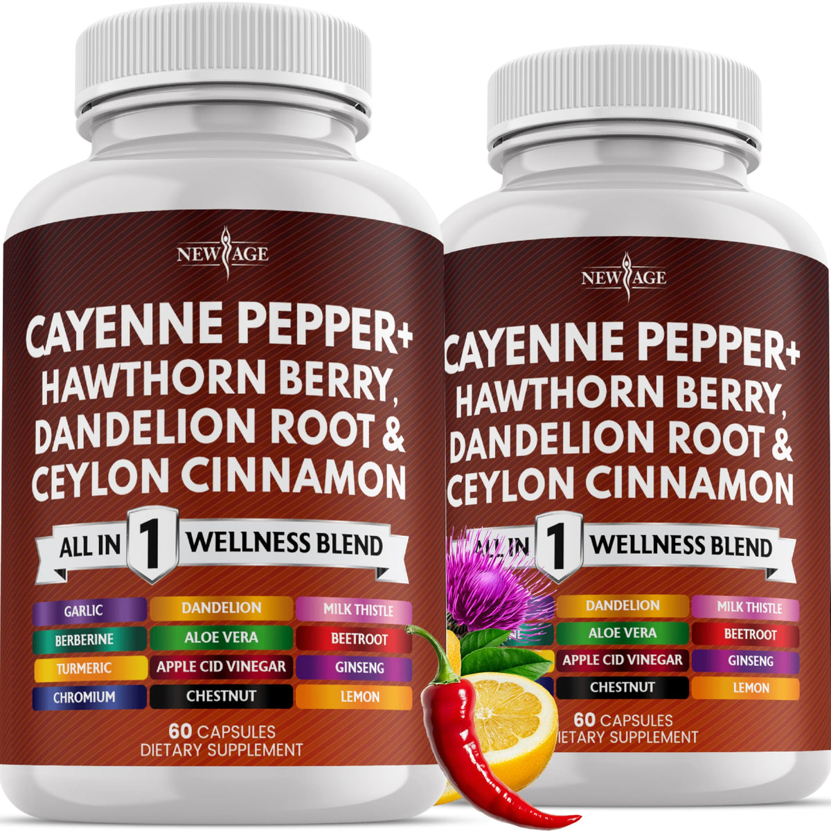 Bouteille NEW AGE Cayenne-Capsules, présentation claire pour une routine quotidienne
