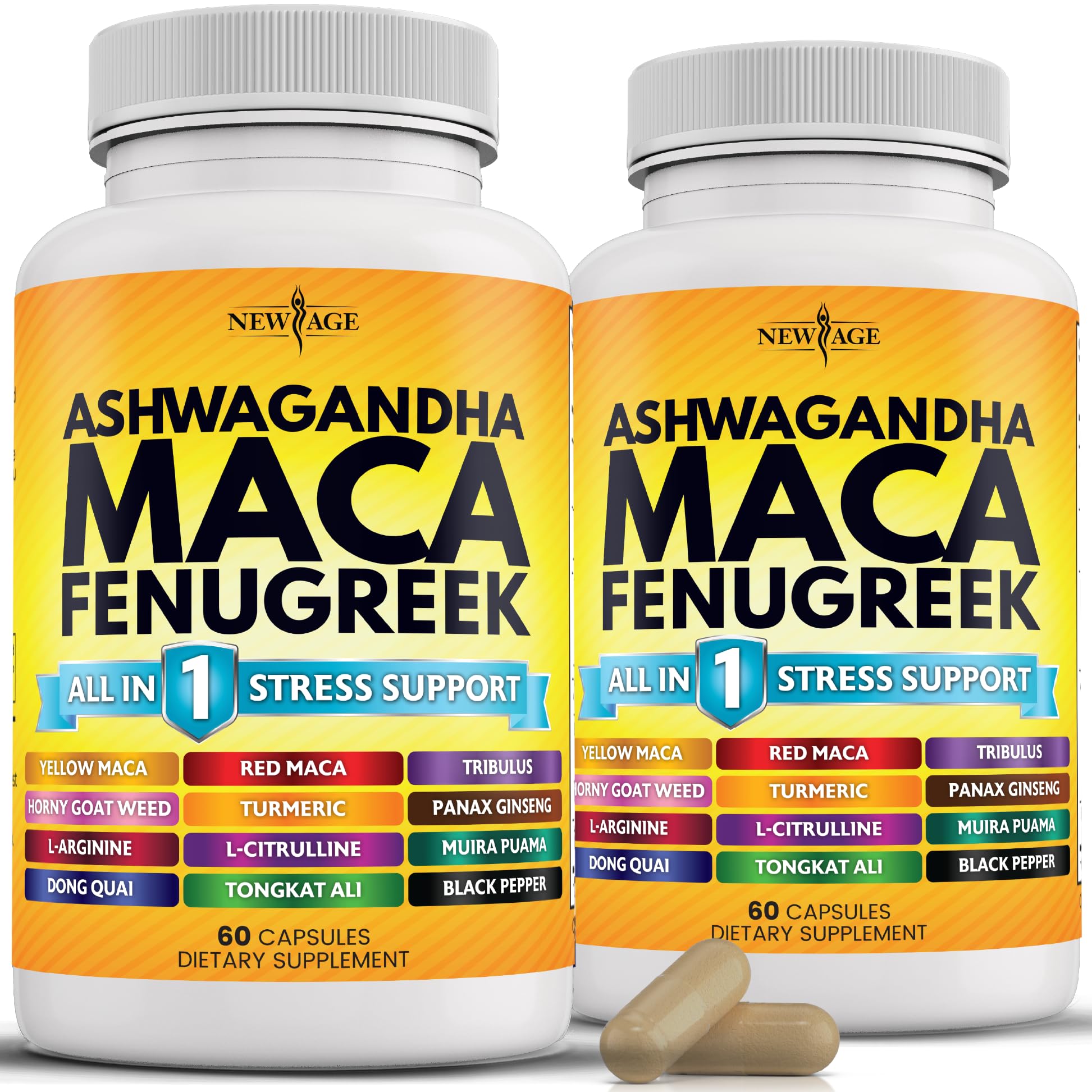 Gélules NEW AGE Ashwagandha Maca sur une bouteille, soutien bien-être quotidien.