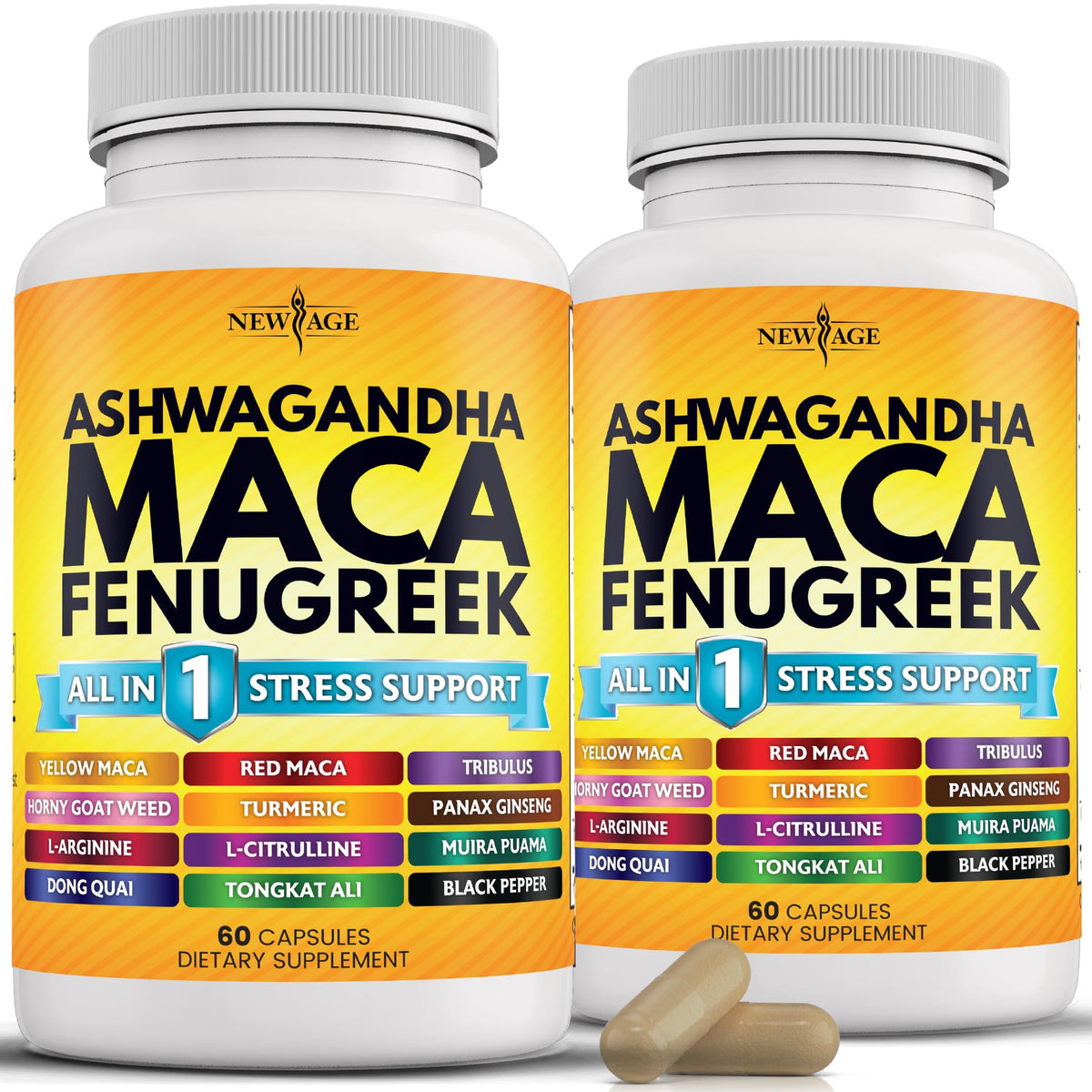 Gélules NEW AGE Ashwagandha Maca sur une bouteille, soutien bien-être quotidien.