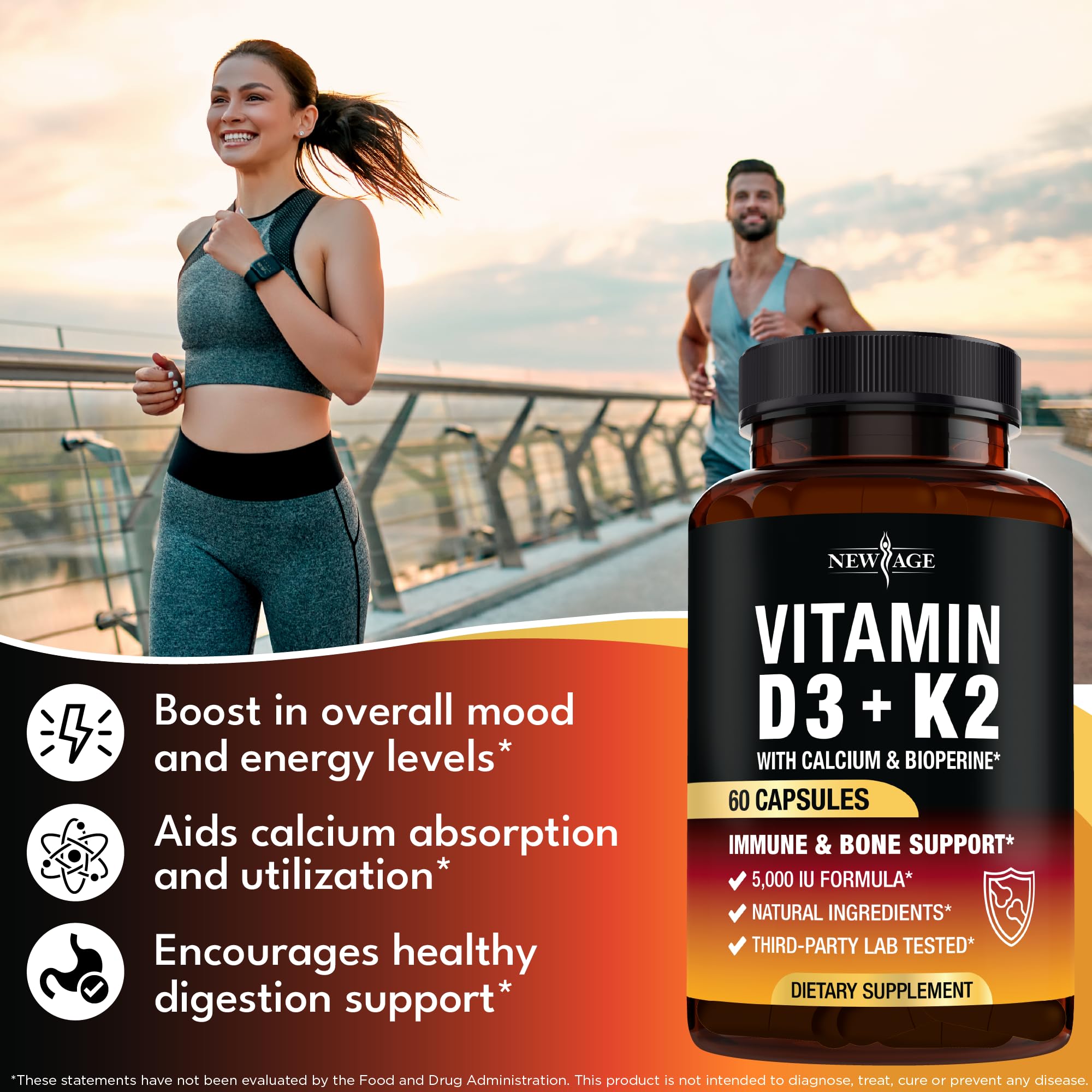 NEW AGE – Capsules D3-K2 MK-7 optimisées pour l’absorption du calcium.