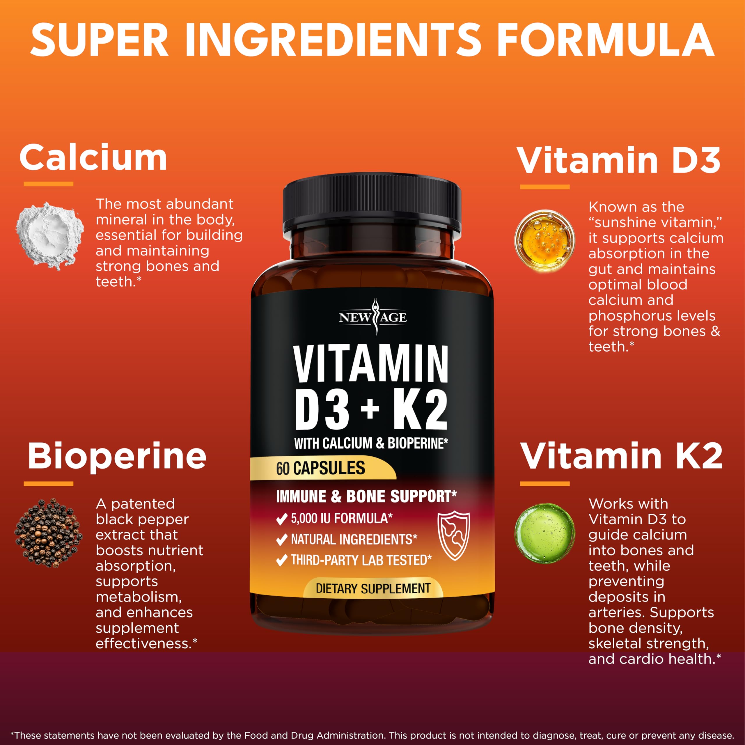 NEW AGE – Capsules vegan D3-K2 pour une meilleure absorption du calcium.