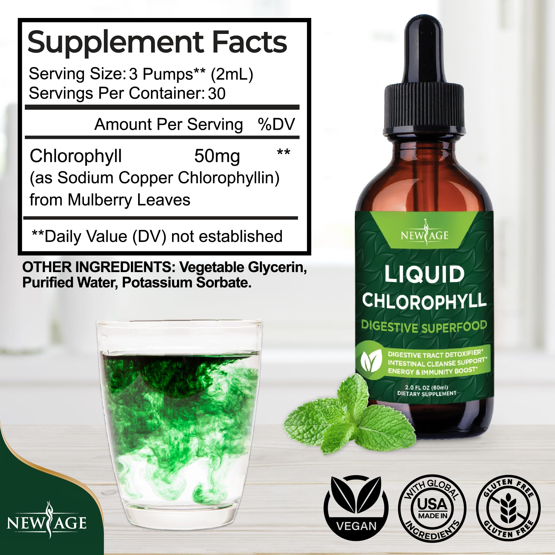 NEW AGE Chlorophylle Liquide: gouttes faciles à mélanger à l'eau pour une boisson verte.