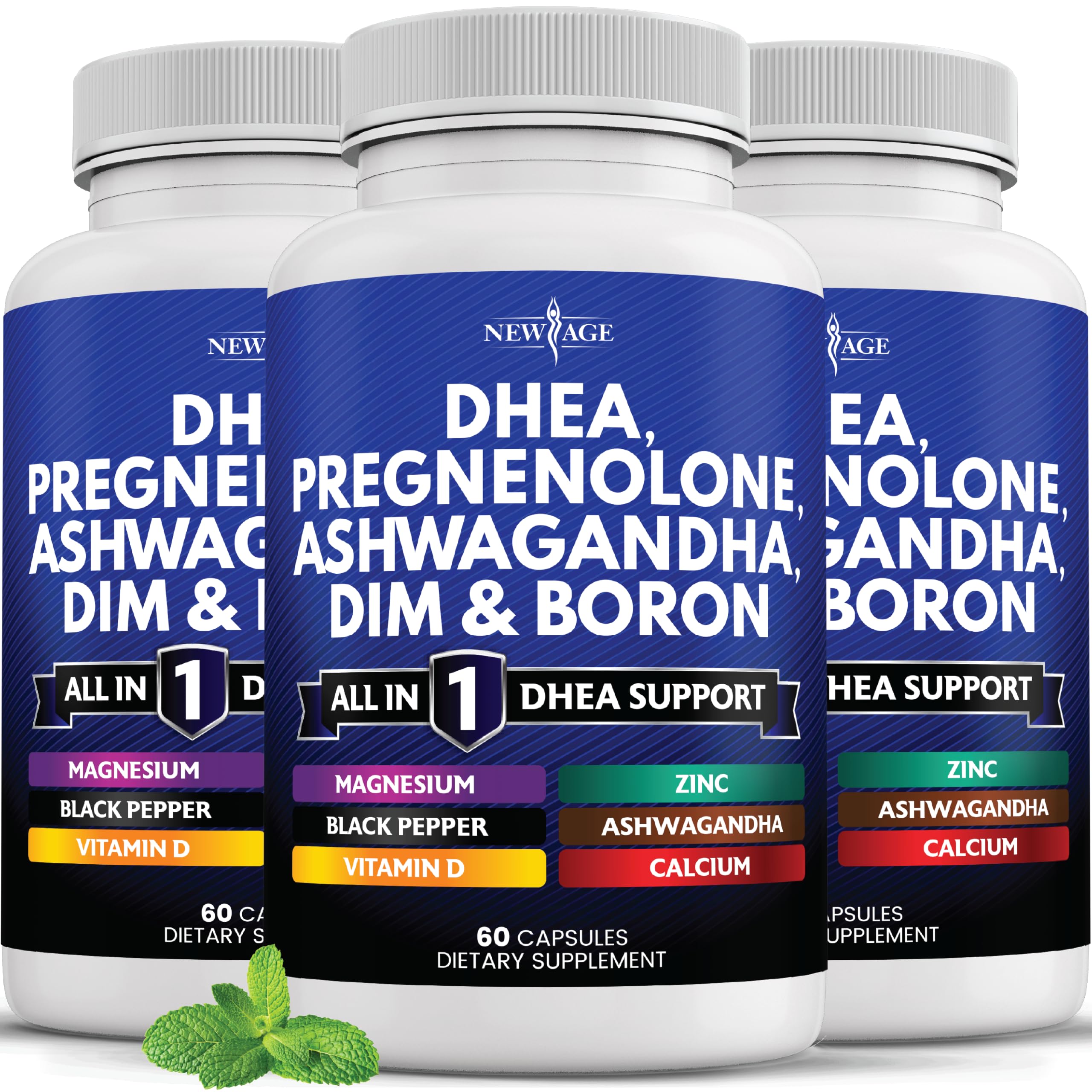 Capsules NEW AGE DHEA dans une bouteille ouverte, utilisation pratique.
