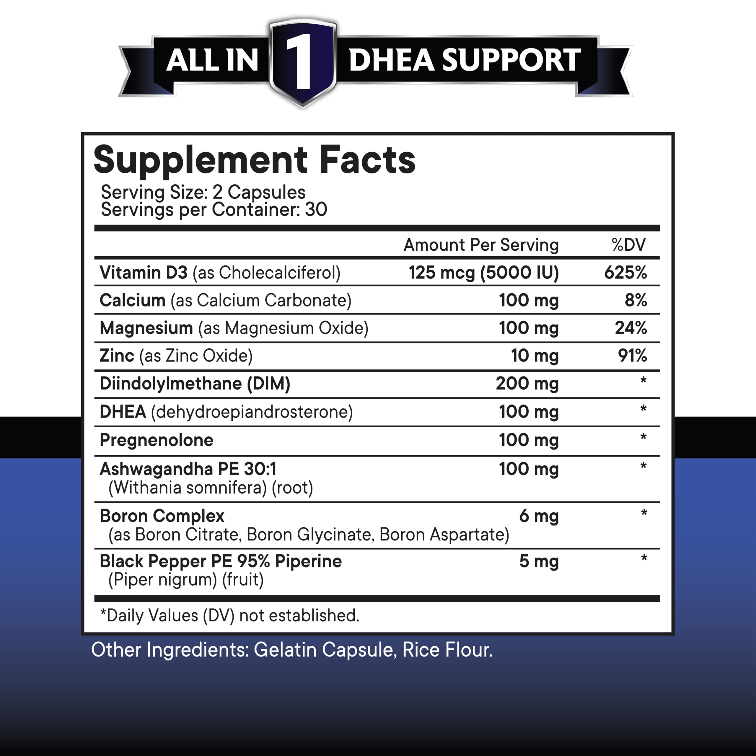 Étiquette NEW AGE DHEA sur l'emballage indiquant les ingrédients.