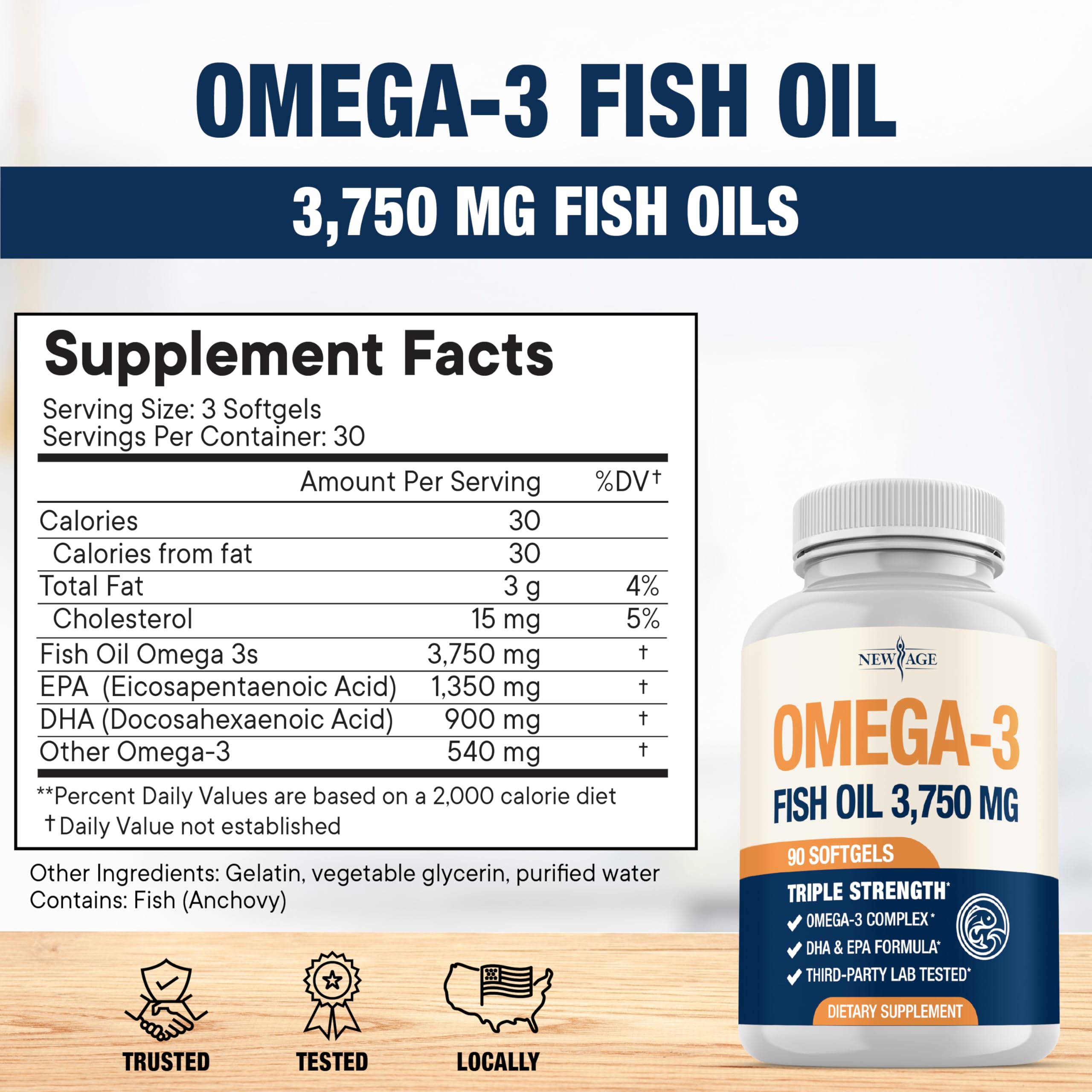 Dosage EPA 1350 mg et DHA 900 mg par portion, haute concentration.