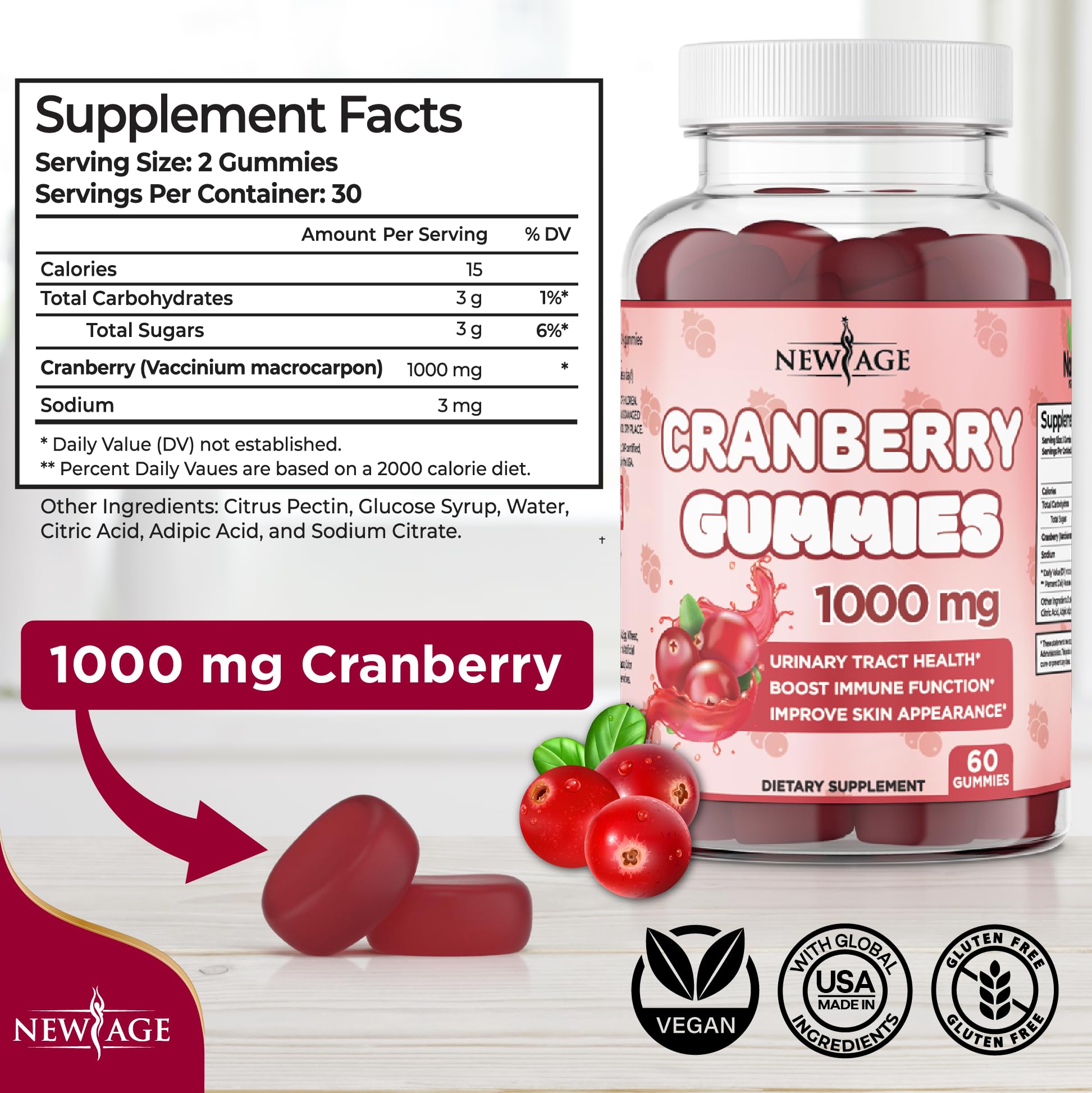 NEW AGE Gommes à la canneberge — Étiquette claire pour comprendre les bienfaits potentiels.