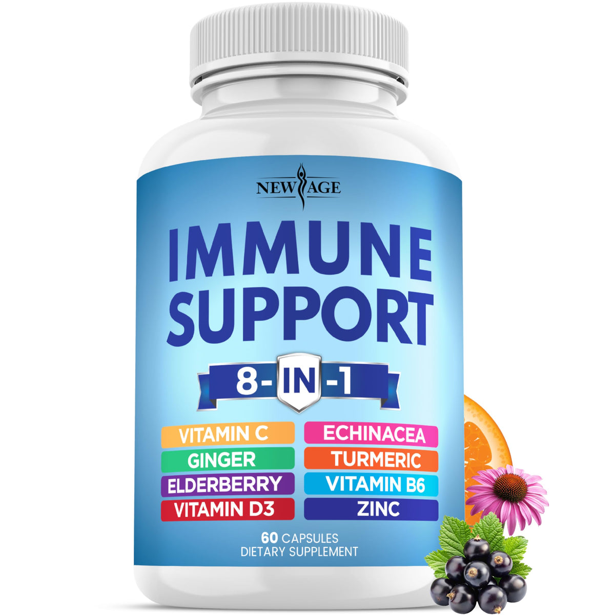 NEW AGE Immunité 8 en 1 – bouteille de gélules facile à prendre au quotidien.