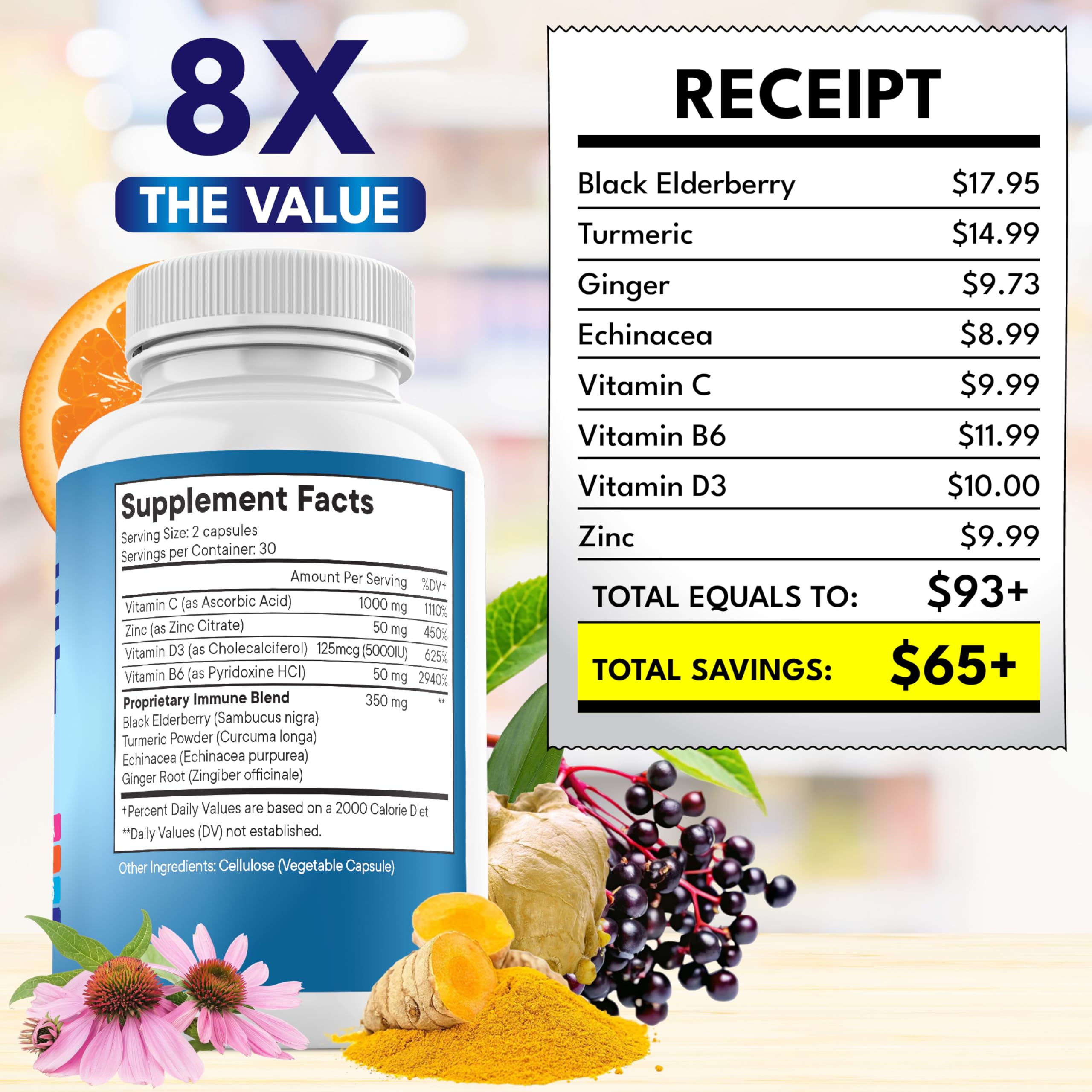 NEW AGE Immunité 8 en 1 – curcuma et gingembre illustrent les actifs naturels.