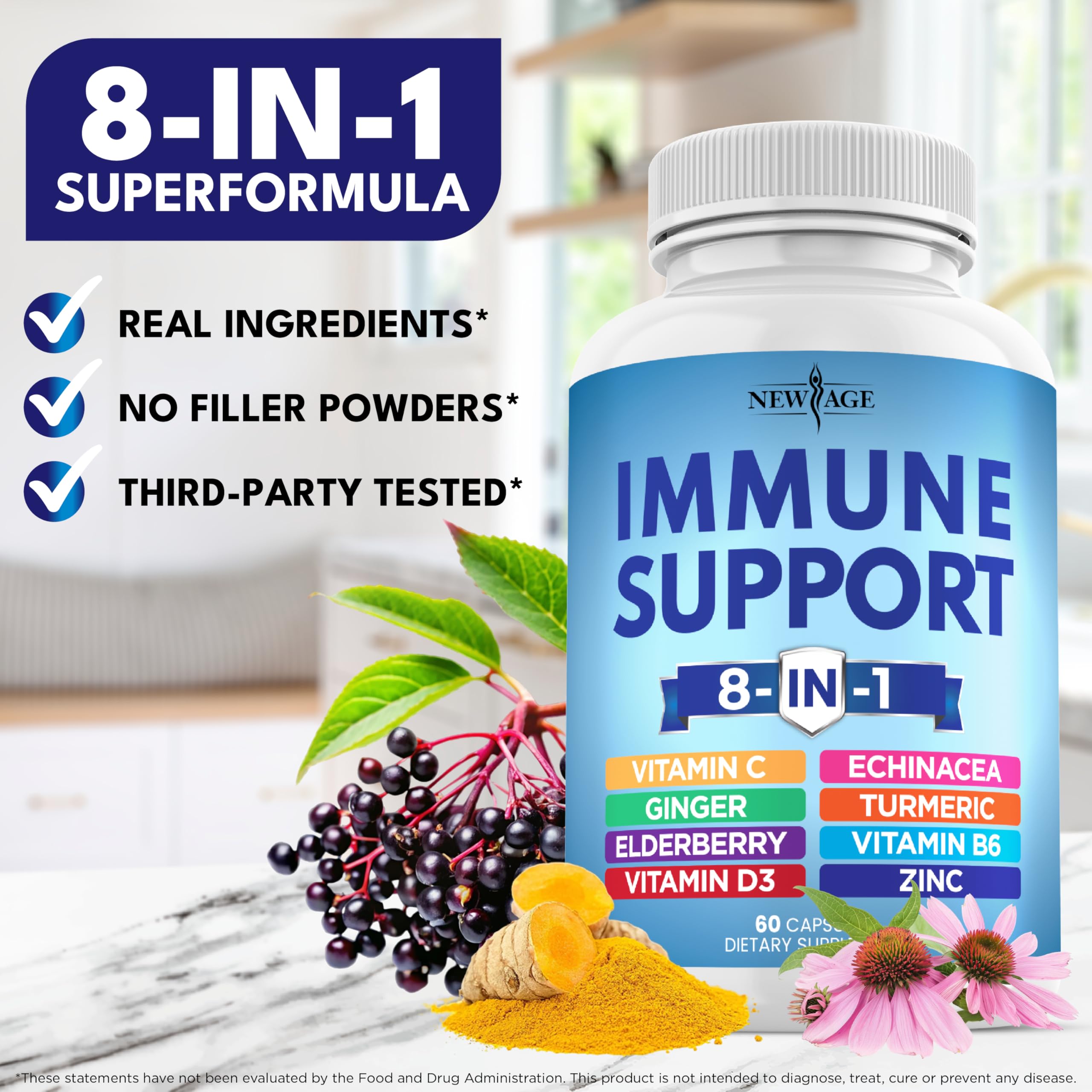 NEW AGE Immunité 8 en 1 – extrait de sureau noir et zinc mis en avant.