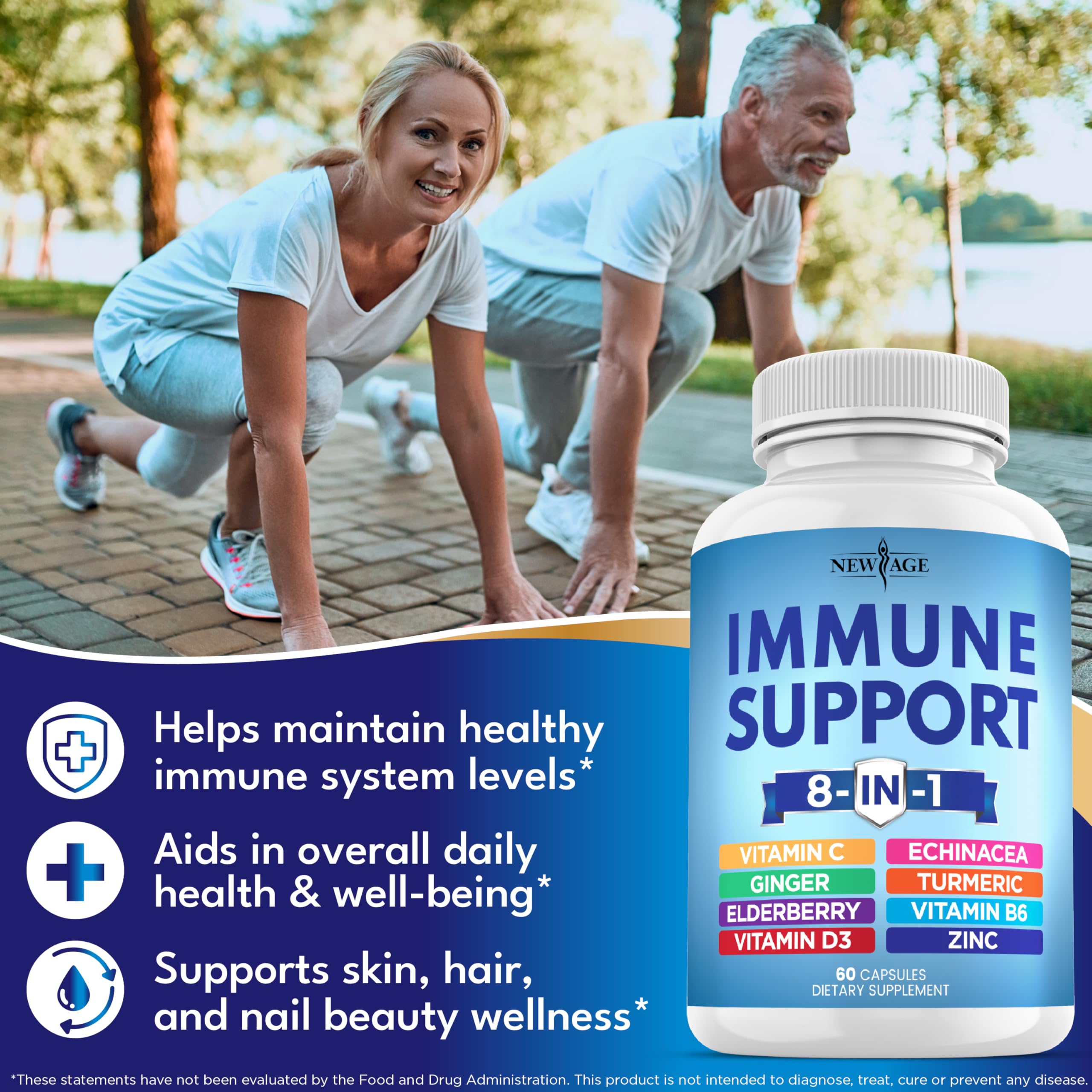 NEW AGE Immunité 8 en 1 – gélules dorées prêtes à être avalées facilement.