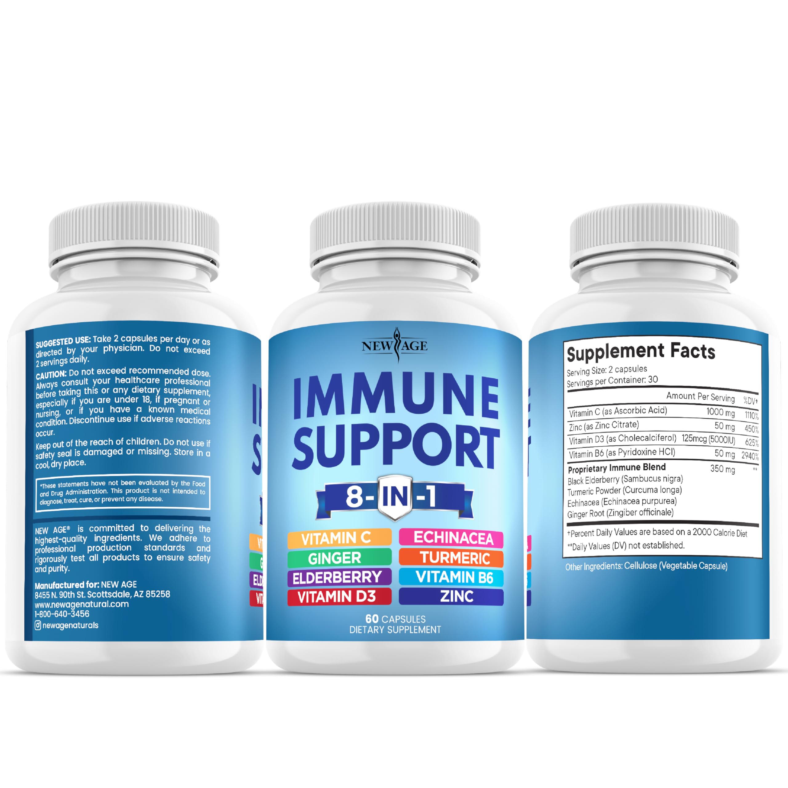 NEW AGE Immunité 8 en 1 – logo sans OGM sur l’emballage.