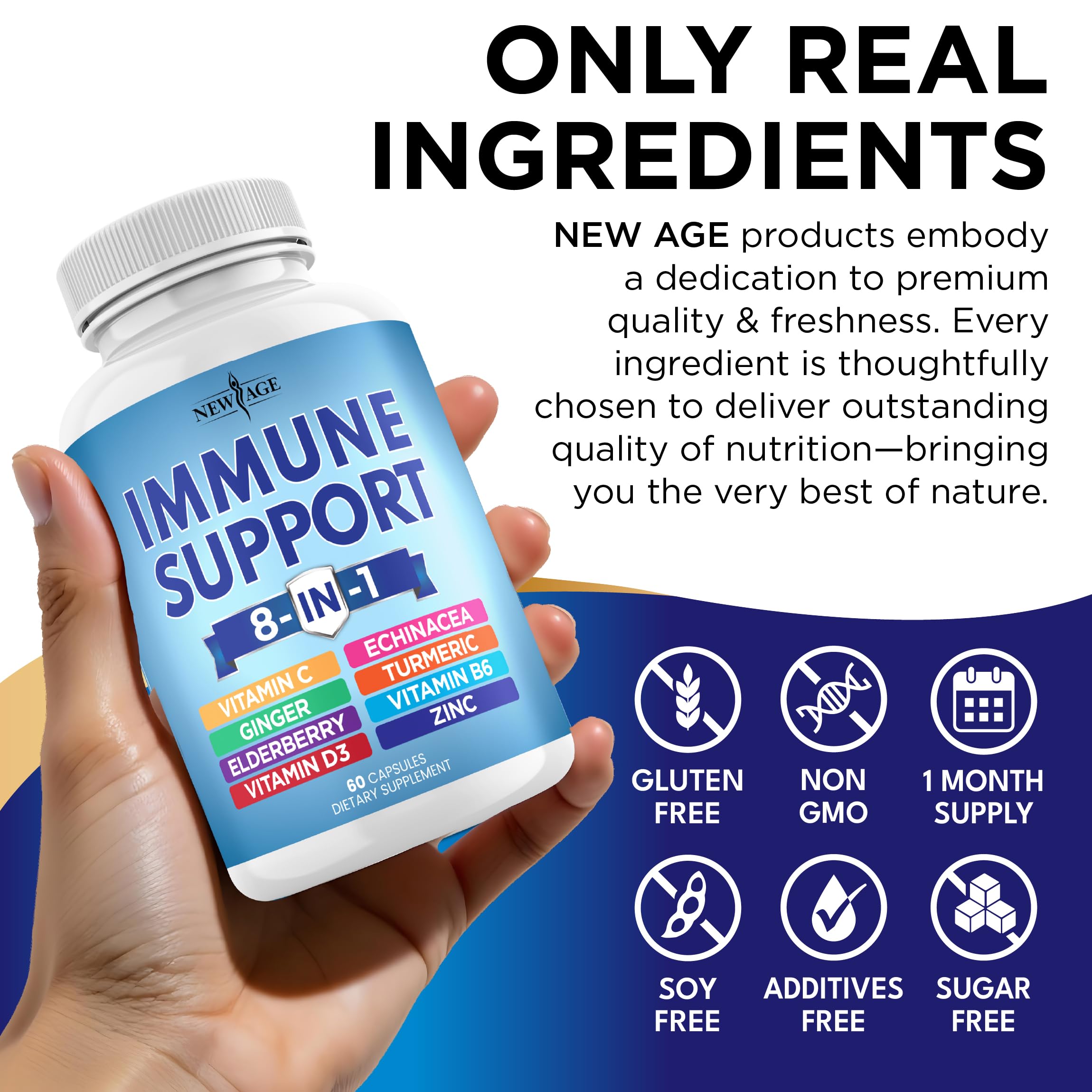 NEW AGE Immunité 8 en 1 – zinc et vitamine D visibles sur l’étiquette.