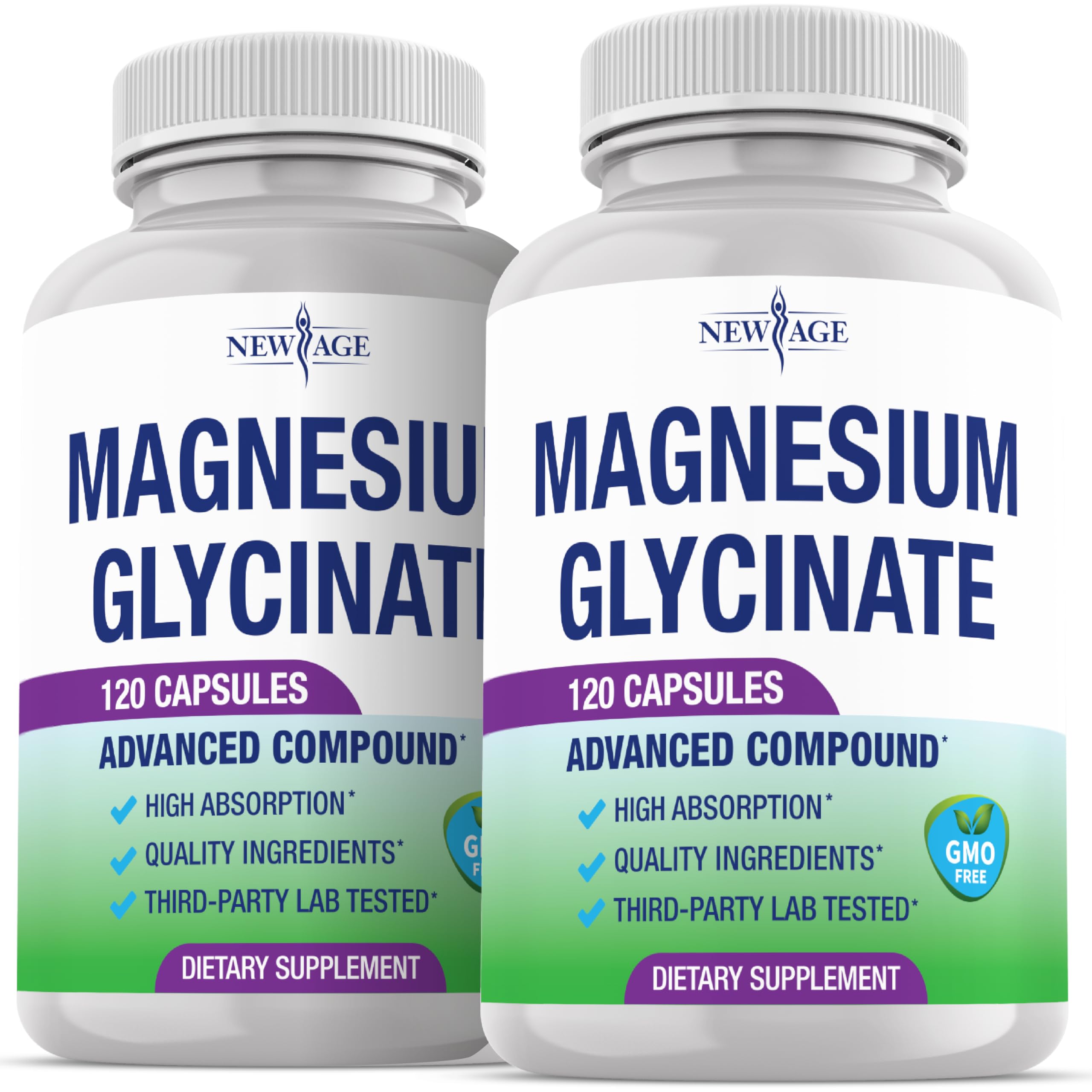 NEW AGE Magnésium Glycinate 500 mg – bouteille et capsules, biodisponibilité élevée.