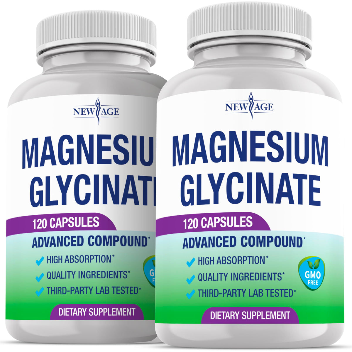 NEW AGE Magnésium Glycinate 500 mg – bouteille et capsules, biodisponibilité élevée.