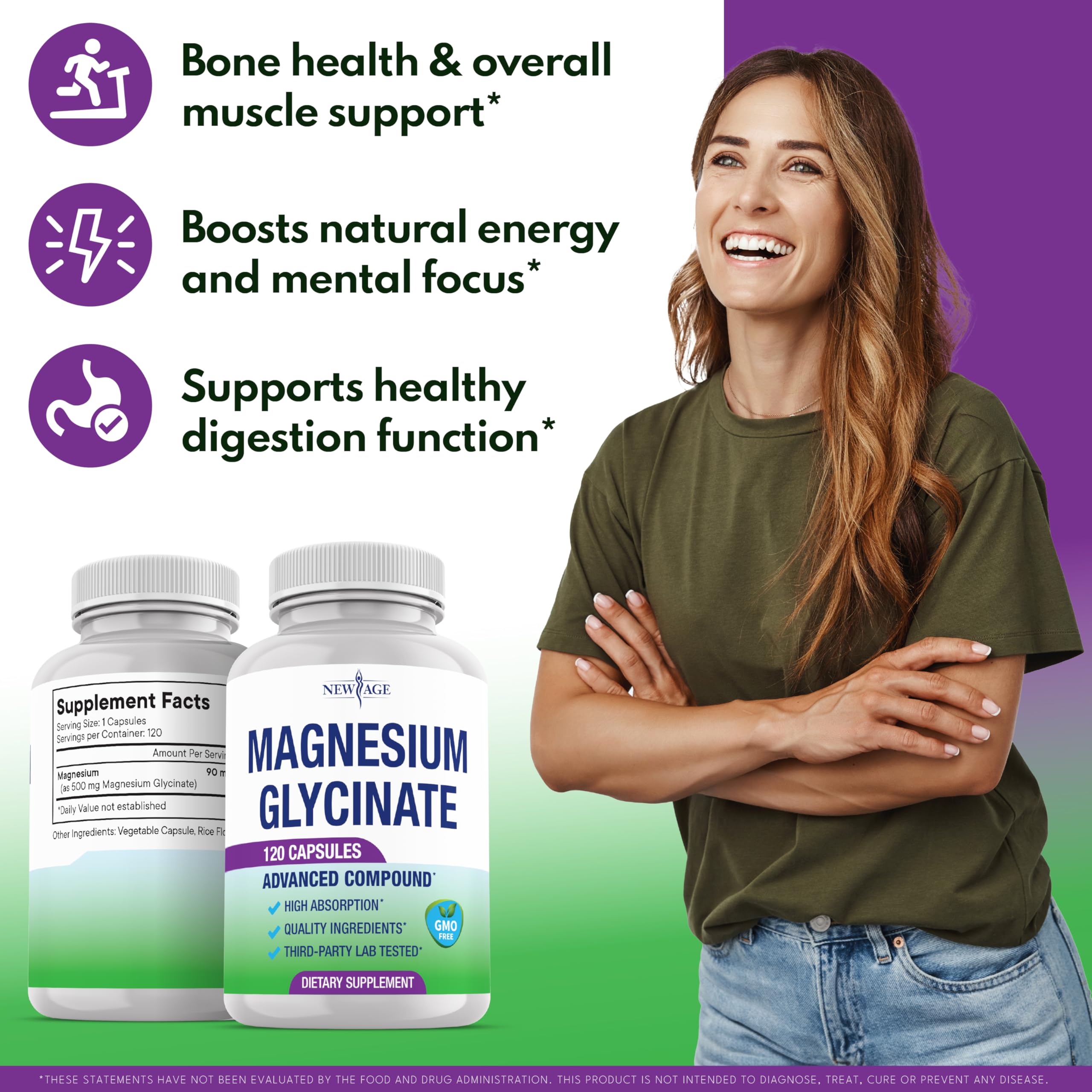 Capsules véganes NEW AGE Magnésium Glycinate, forme naturelle et absorption optimisée.