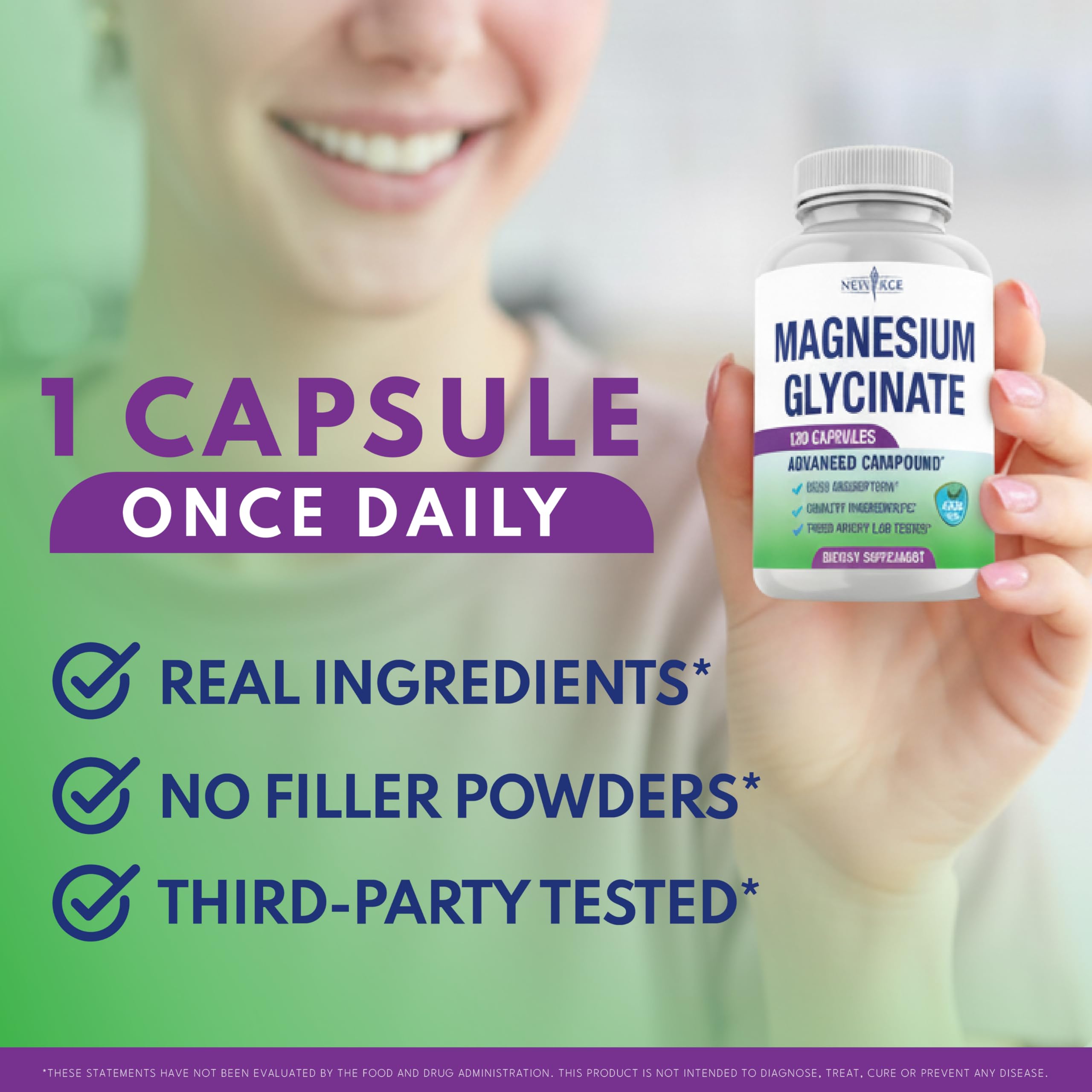 Étiquette claire NEW AGE Magnésium Glycinate, informations nutritionnelles utiles.
