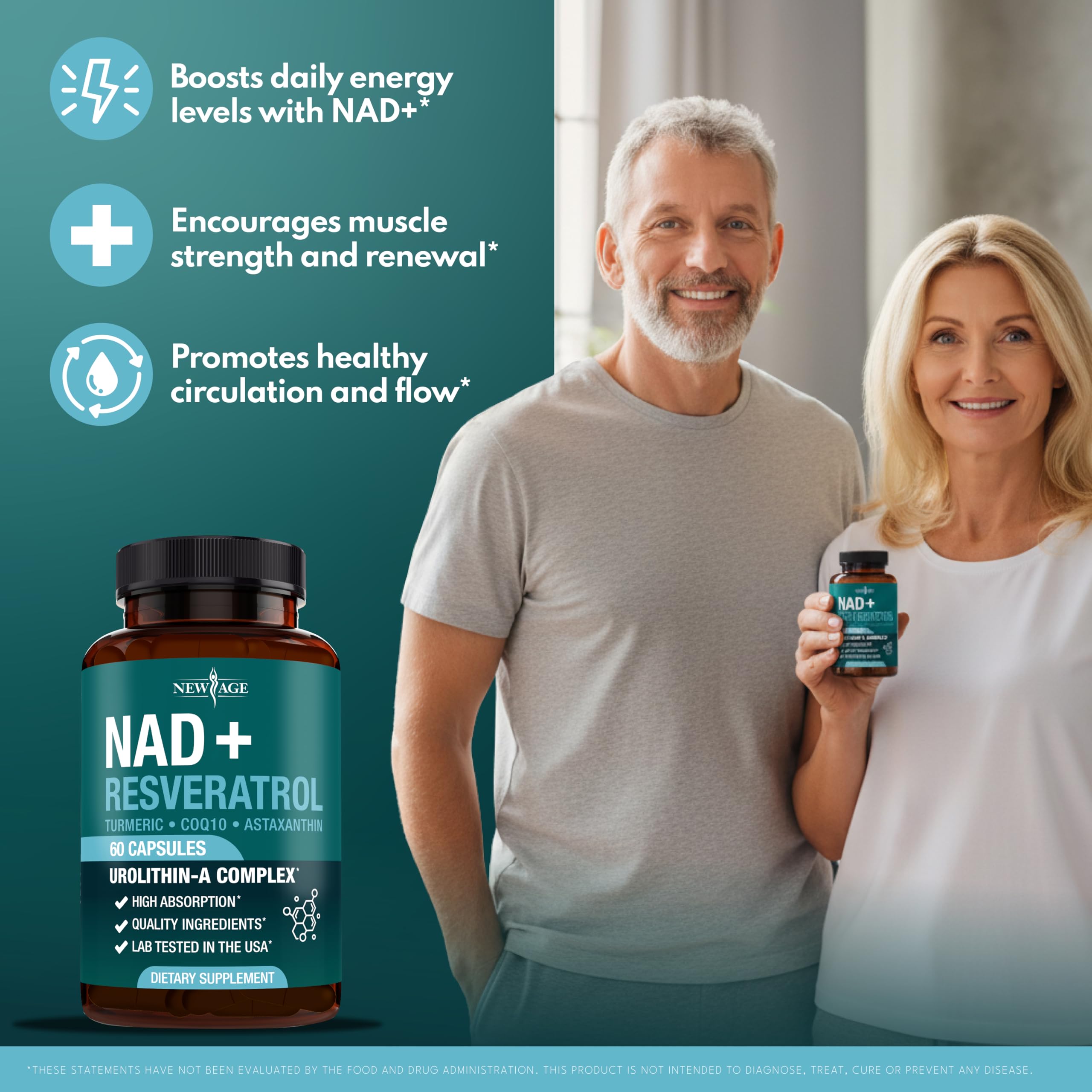 NEW AGE NAD+ – image de gélules prêtes à la prise et soutien potentiel du bien‑être quotidien.