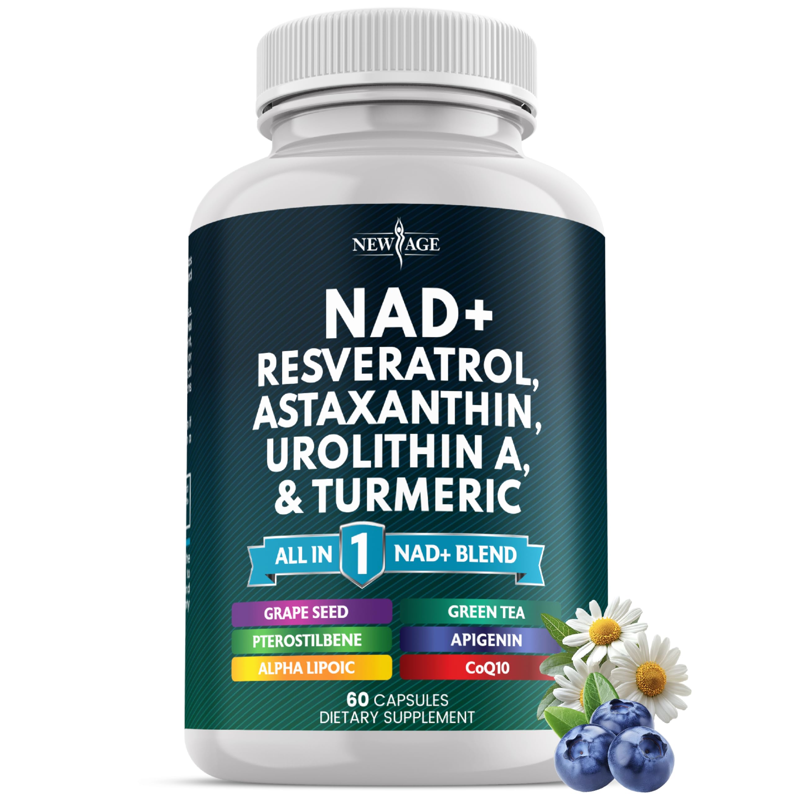 NEW AGE NAD+ − bouteille montrant le flacon vegan et non-GMO, pratique à glisser dans le quotidien.