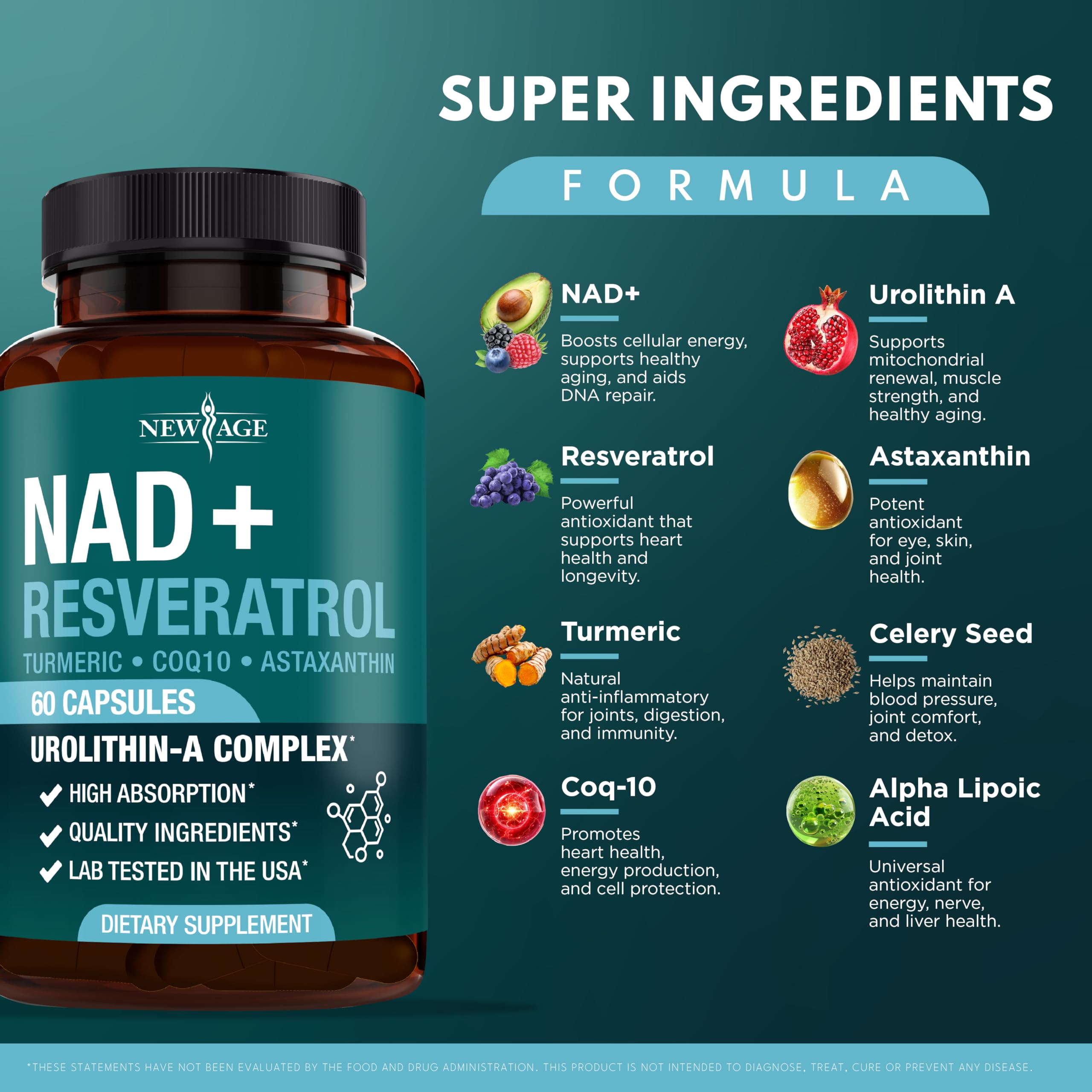 NEW AGE NAD+ et l Urolithine A – flacon et étiquette détaillée, support antioxydant.