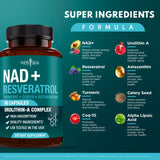 NEW AGE NAD+ et l Urolithine A – flacon et étiquette détaillée, support antioxydant.