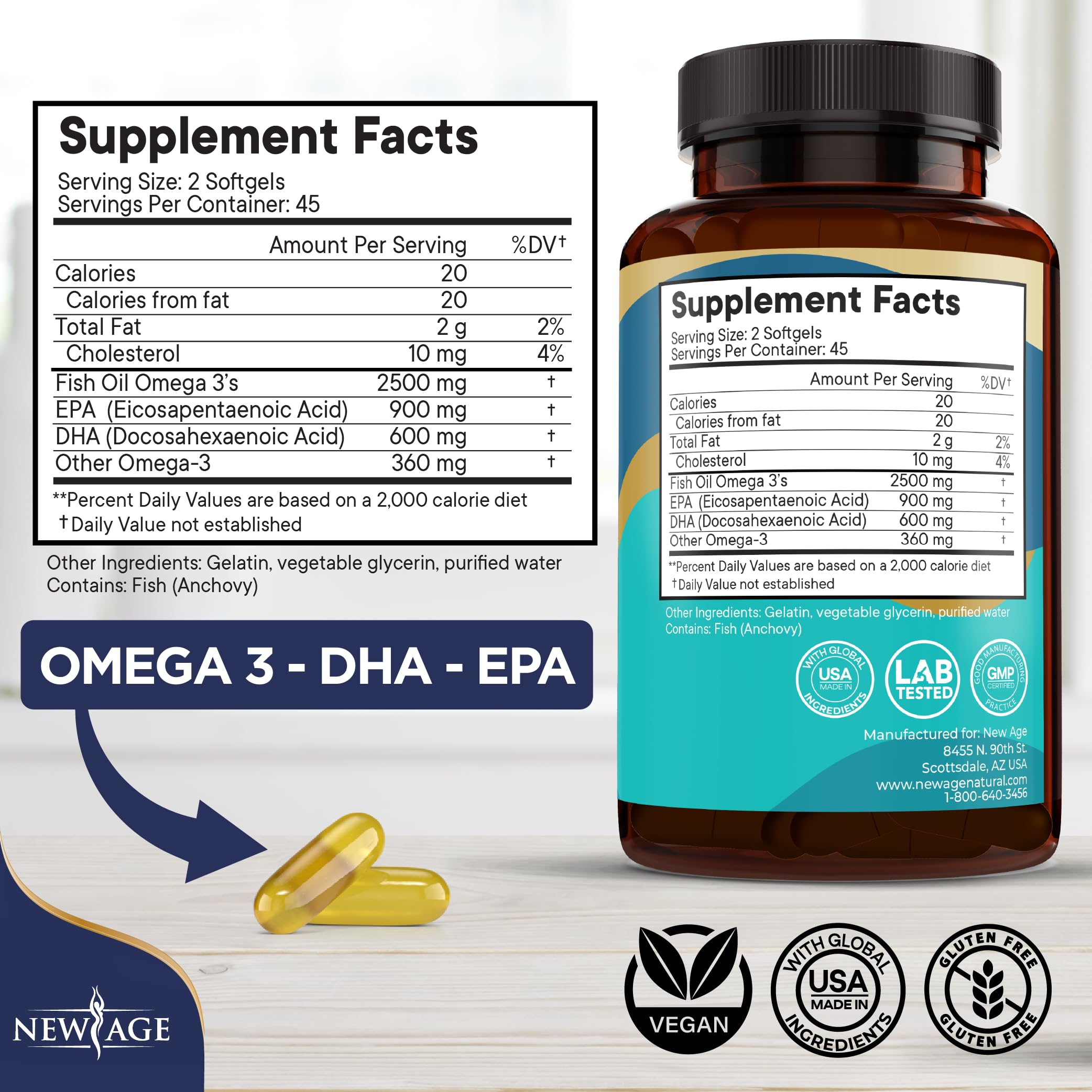 NEW AGE Omega3 – étiquette EPA et DHA, capsules riches en acides gras essentiels
