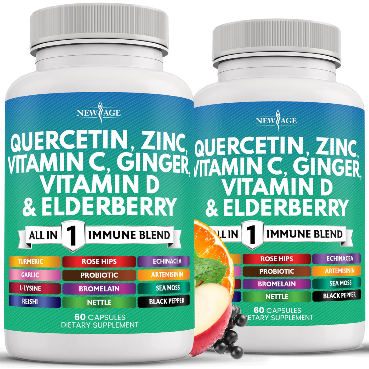 NEW AGE Quercétine Zinc Vitamine C et D sur emballage clair et pratique pour routine quotidienne.