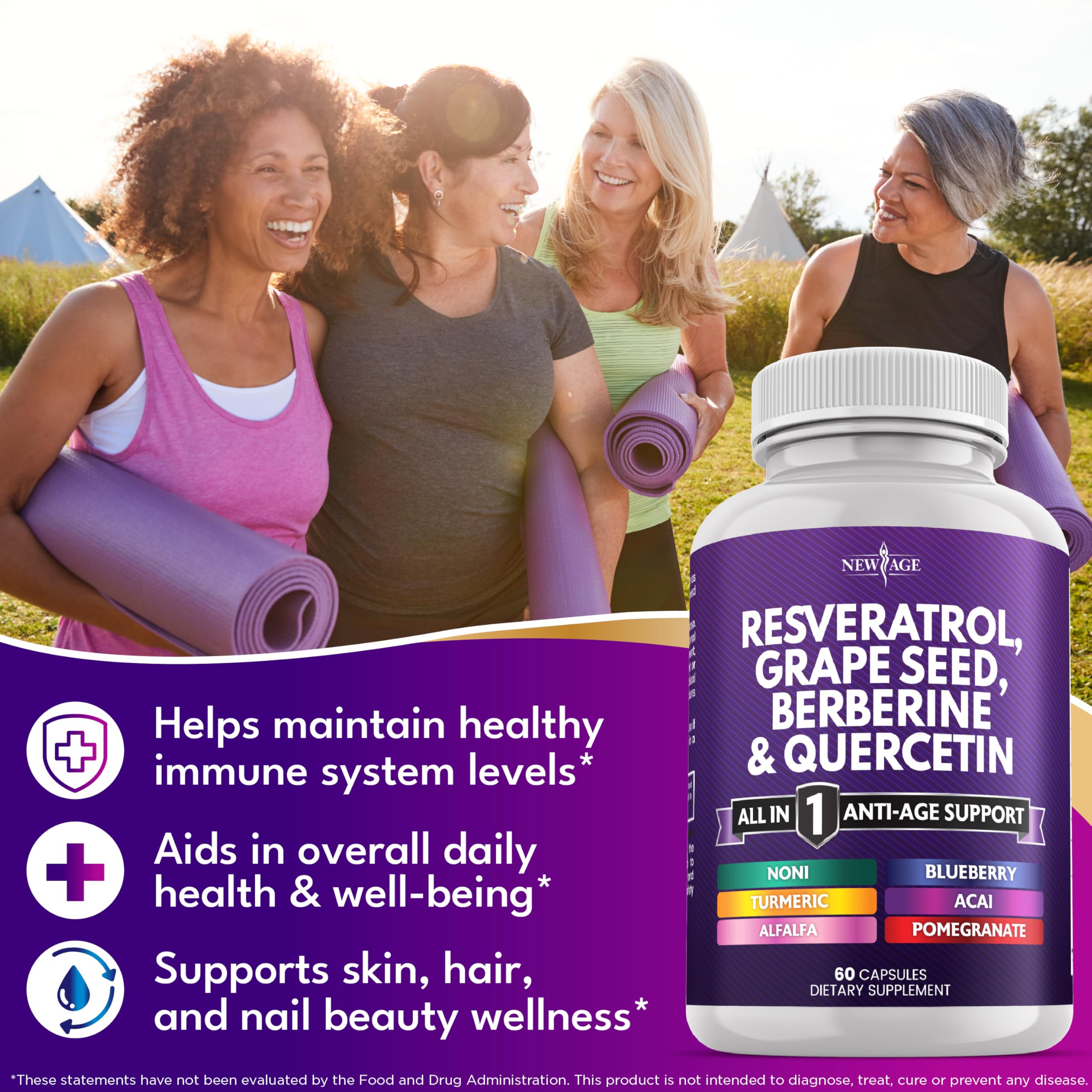 NEW AGE Resveratrol-Berberine, visuel-ingrédients, met en avant les polyphénols et leur synergie naturelle.
