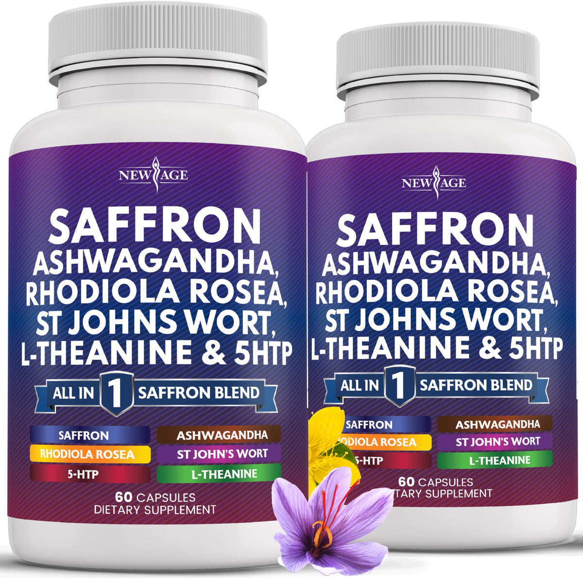 NEW AGE: bouteille de capsules de safran 60, pratique pour la routine quotidienne.