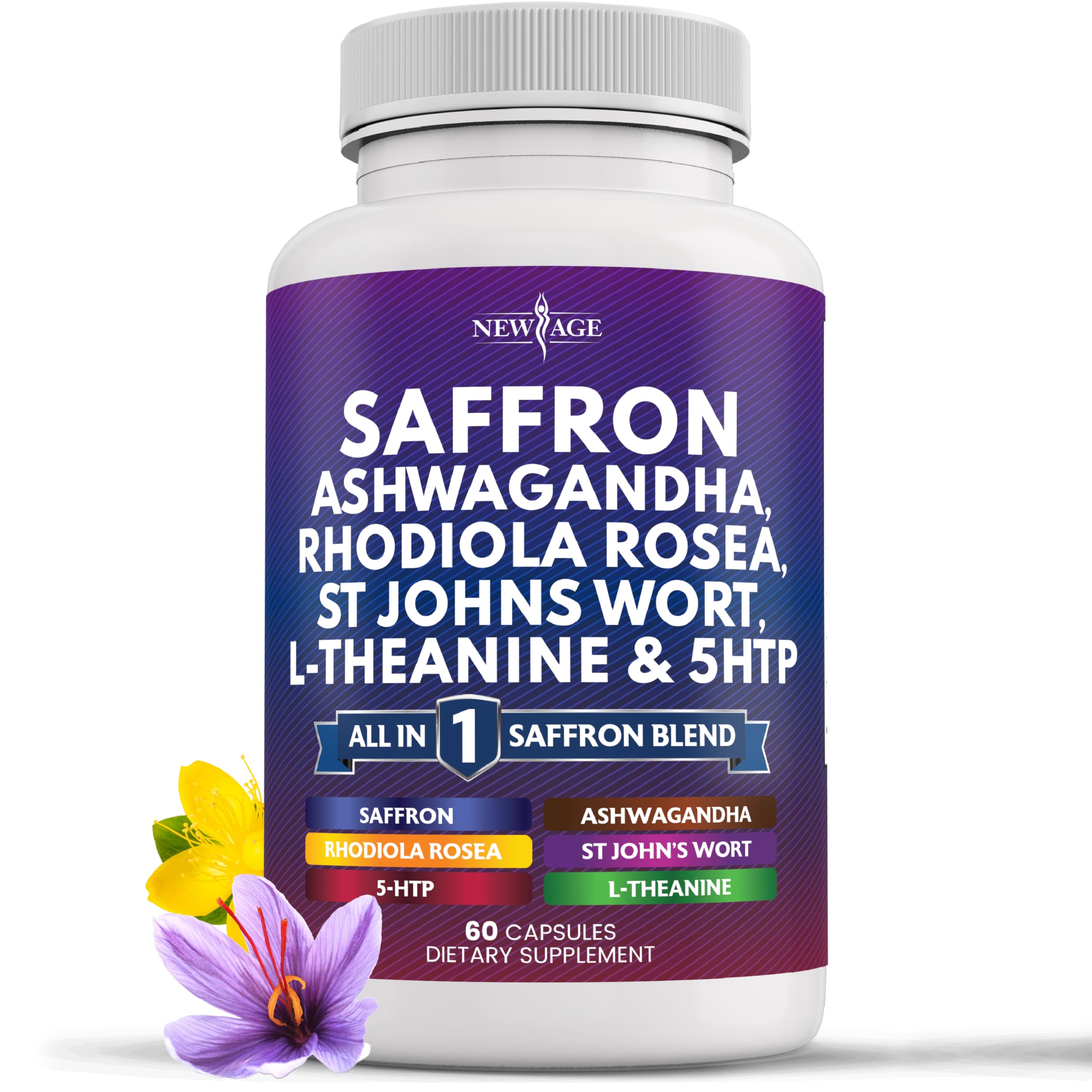 NEW AGE Safran: capsules visibles dans la bouteille, soutien potentiel au rituel quotidien.