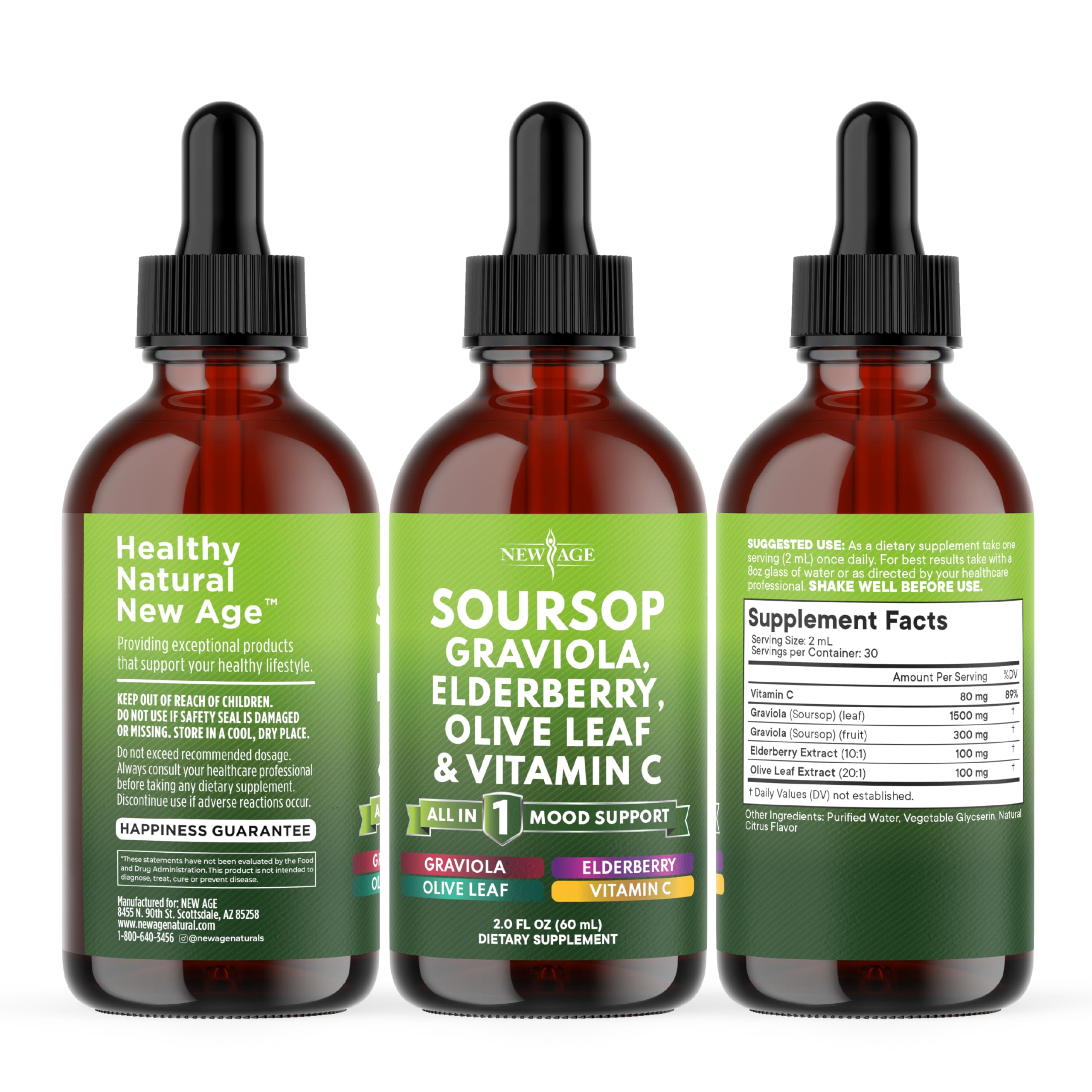 NEW AGE Soursop Drops emballage: flacon de 2 oz, facile à transporter.
