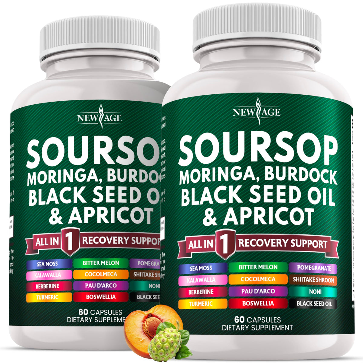 NEW AGE Soursop Supplément : bouteille et étiquette, soutien quotidien potentiel.