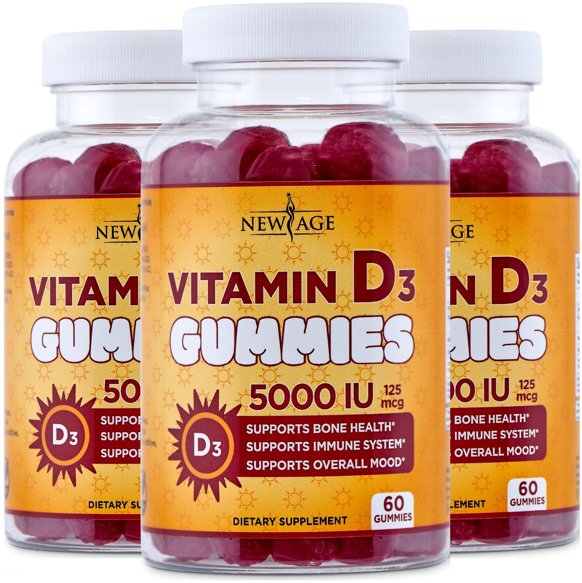 NEW AGE Gommes Vitamin D3 5000 UI – emballage triple-pack pratique pour votre routine quotidienne