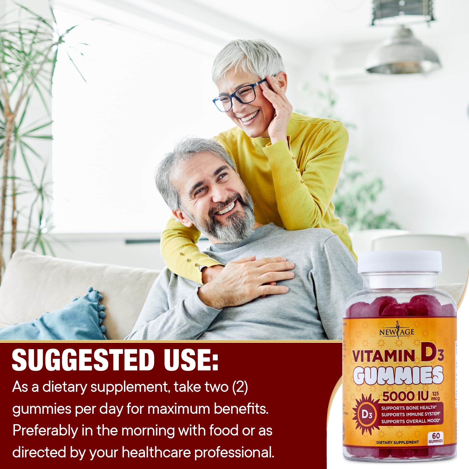 NEW AGE Gommes Vitamin D3 5000 UI – fabriqué aux Etats-Unis dans un laboratoire certifié