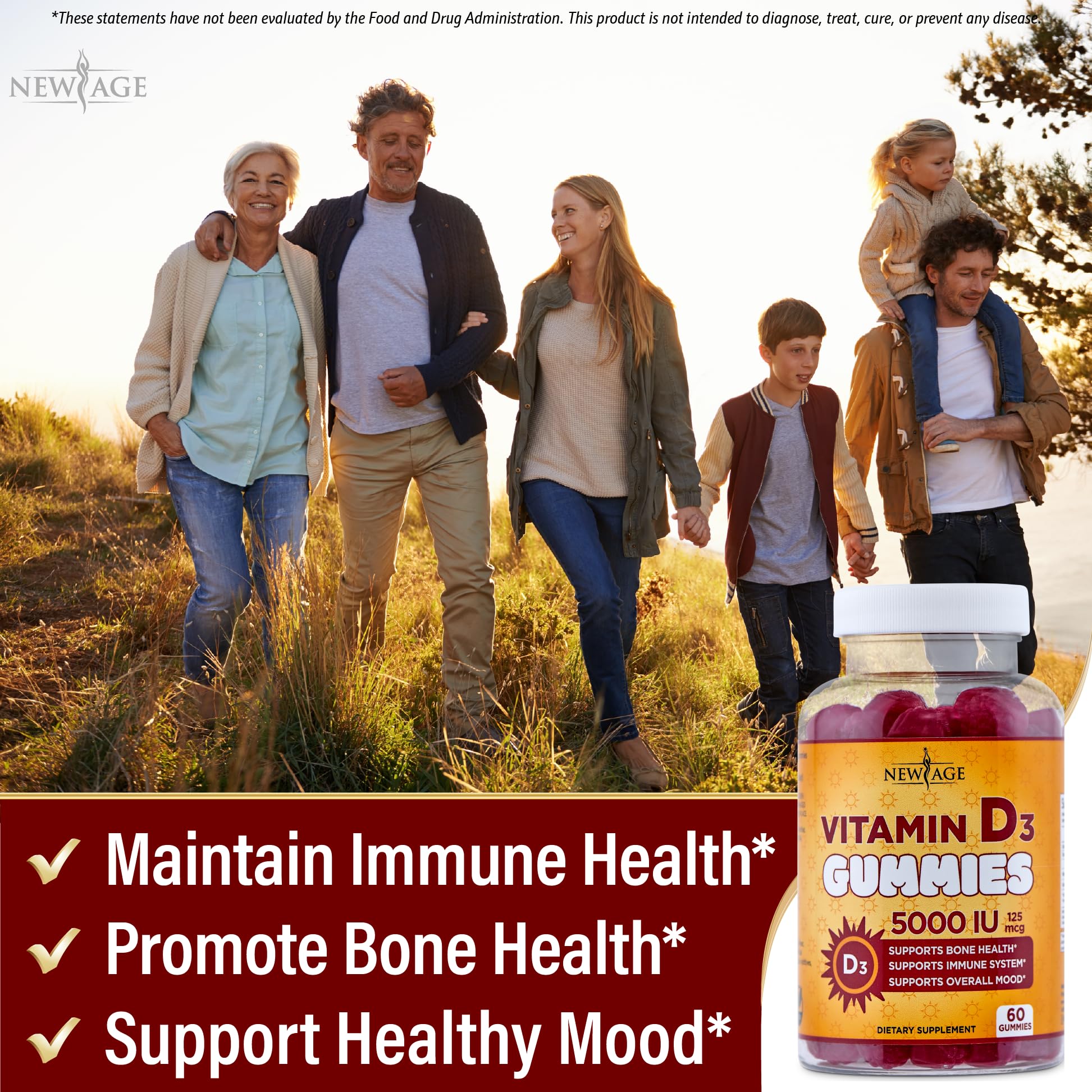 NEW AGE Gommes Vitamin D3 5000 UI – sans gélatine, adaptées à certains régimes